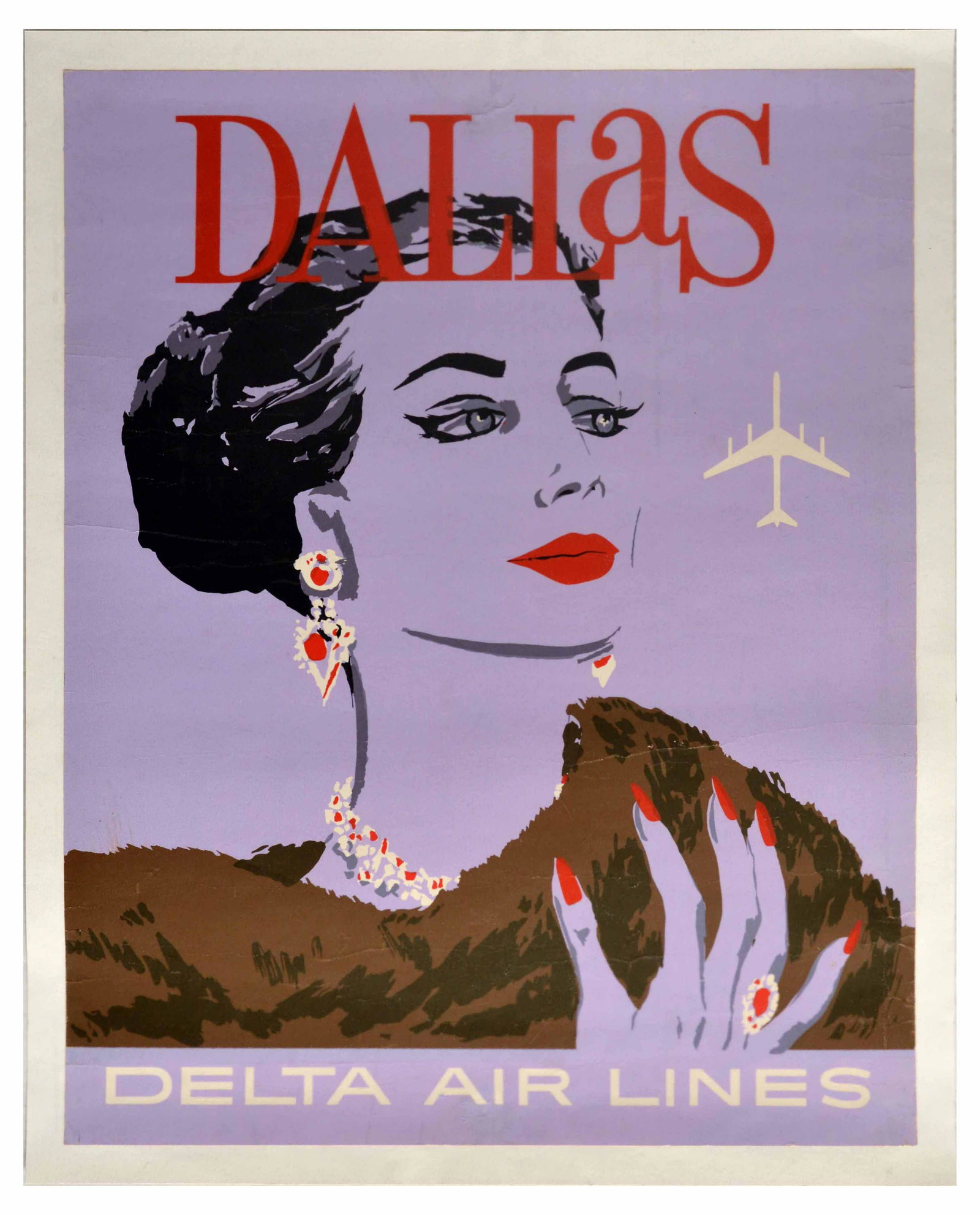 Travel Poster Delta Air Lines Dallas USA: Original vintage travel advertising poster issued by Delta Air Lines promoting travel to Dallas. The poster features a young attractive well-off lady dressed in fur with sparkling earrings, a necklace