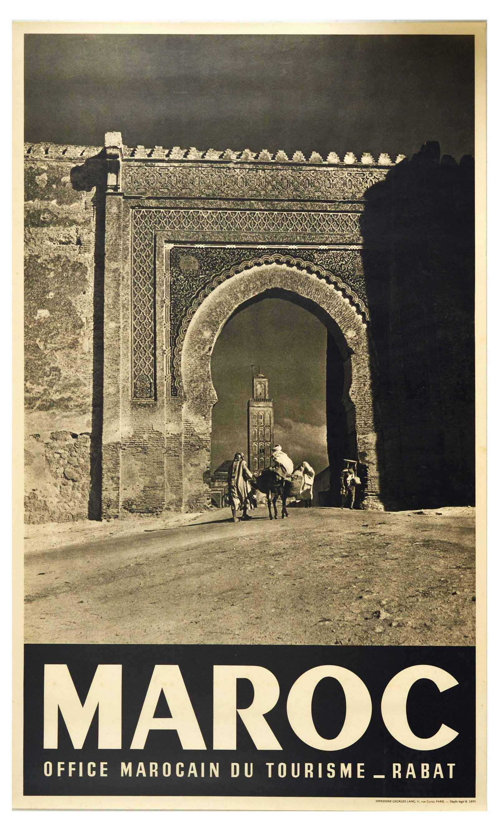 Travel Poster Maroc Rabat Camel Arch: Original vintage travel poster for Morocco / Maroc issued by the Moroccan Tourist Office Rabat / Maroc Office Marocain Du Tourisme Rabat - Design features a black and white photograph of a man leading