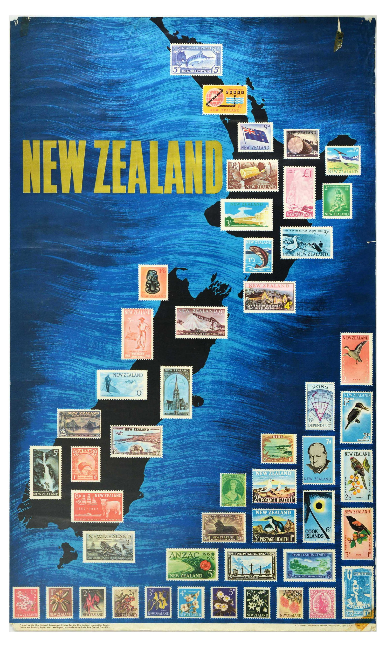 Travel Poster New Zealand Stamps Map Sea: Original vintage travel advertising poster for New Zealand featuring a fantastic design of the map of New Zealand covered with a collection of stamps from New Zealand post, including images of notable