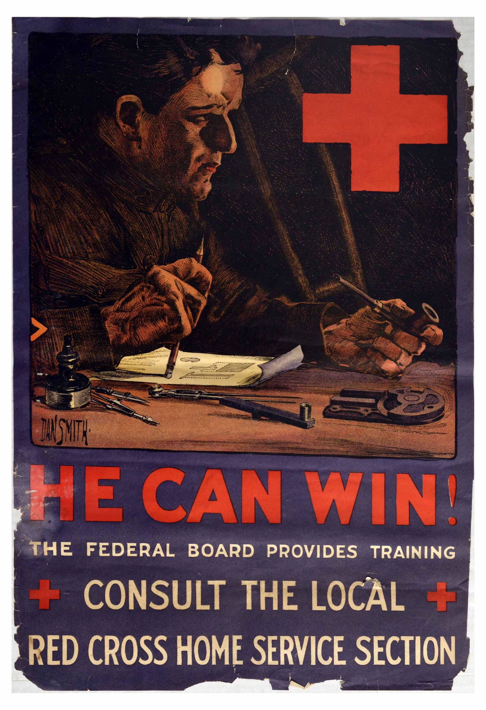 Propaganda Poster War Veteran Training WWI Red Cross: Original antique World War One propaganda poster for war veteran training issued by the Red Cross - He Can Win! The federal board provides training. Consult the local Red Cross Home Service Section -