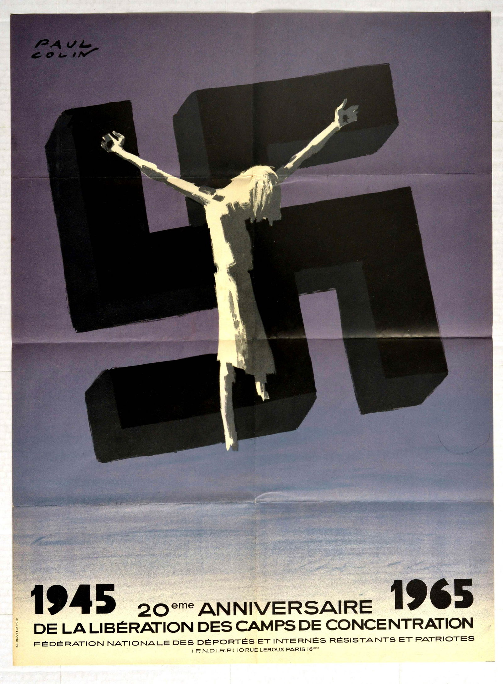 Propaganda Poster Concentration Camp Liberation France: Original vintage World War Two poster 1945-1965 20eme Anniversaire de la Liberation des Camps de Concentration / 1945 1965 20th Anniversary of the Liberation of the Concentration Camps - Design featur