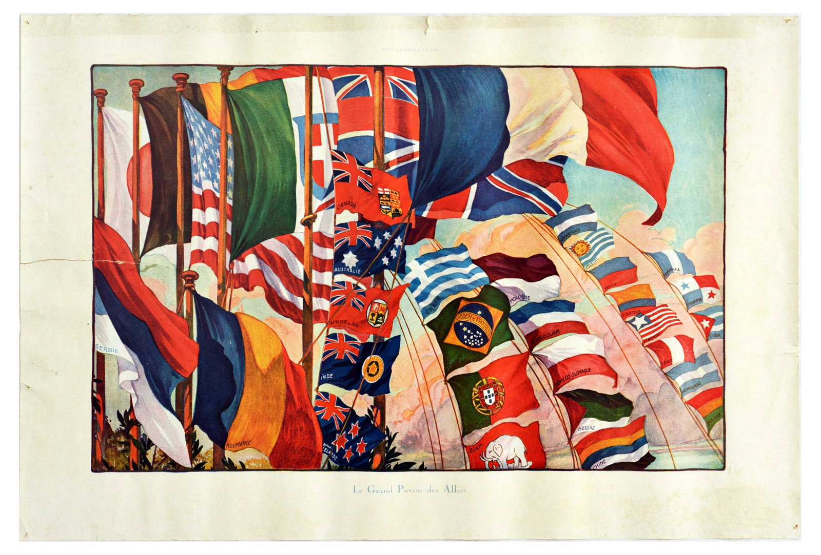 War Poster Allied Nations Flags WWI France: Original antique propaganda poster in support of allied countries during World War One. The Allies of WWI or Entente Powers were a coalition of countries led by France, Russia, Britain, Japan and Ital