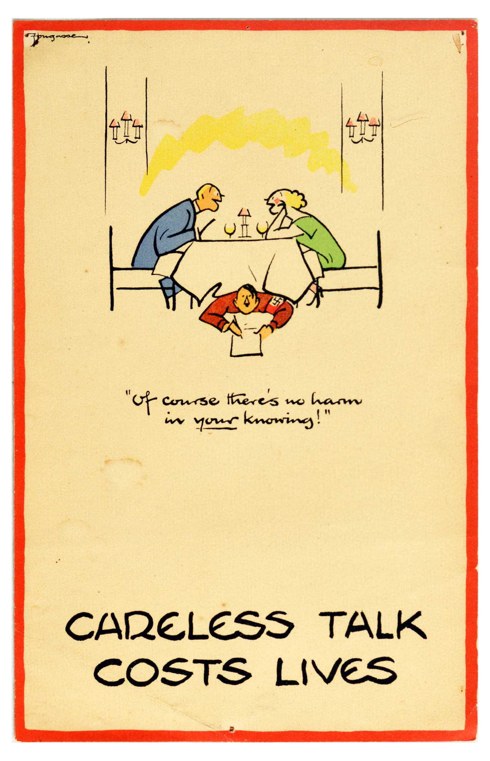 War Poster Careless Talk Costs Lives WWII Restaurant: Original vintage World War Two poster by the notable British cartoonist and illustrator Fougasse (Cyril Kenneth Bird; 1887-1965), one of the posters from the popular Careless Talk Costs Lives wartime