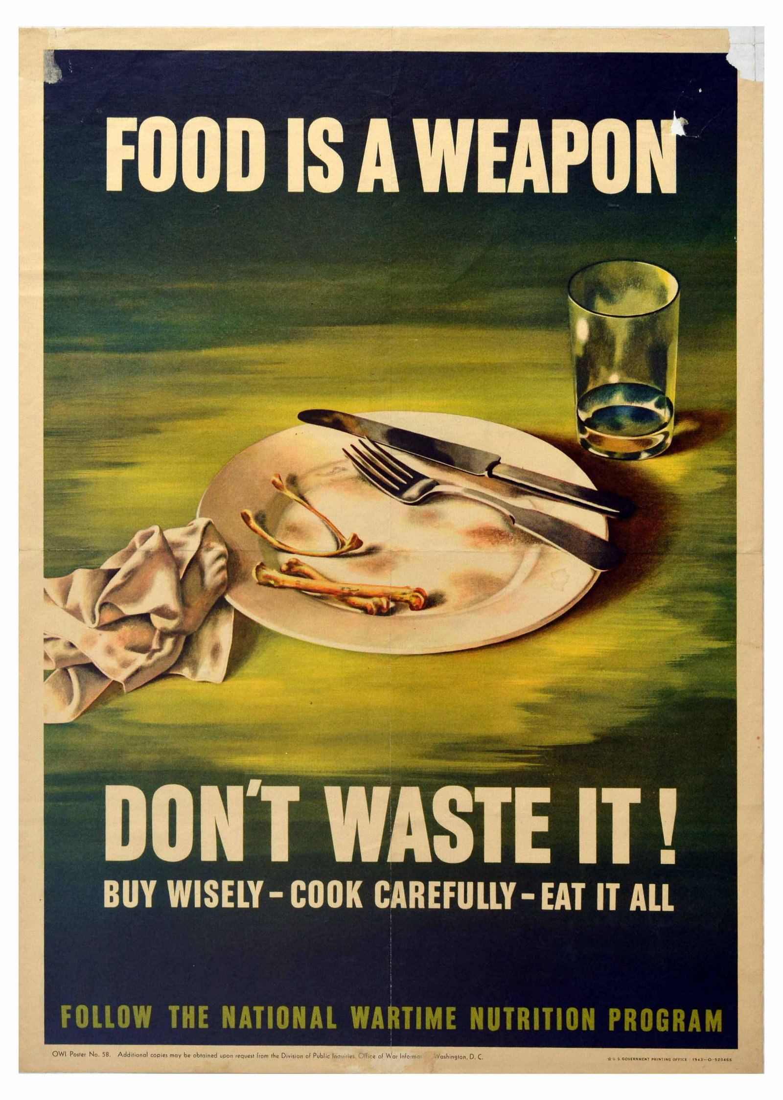 War Poster Food Is A Weapon WWII Home Front War: Original vintage World War Two poster - Food is a weapon Don't waste it! Buy wisely Cook carefully Eat it all Follow the National Wartime Nutrition Program - featuring a great design showing a knife a