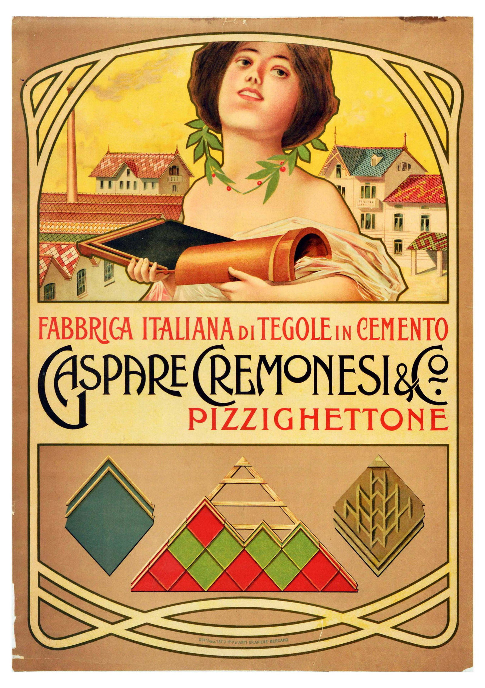 Advertising Poster Cement Roof Tiles Italy Gaspare: Original antique advertising poster for a roofing company - Fabrica Italiana di Tegole in Cemento. Gaspare Cremonesi & Co. Pizzighettone / Italian factory of concrete roof tiles. Gaspare Cremonesi & C