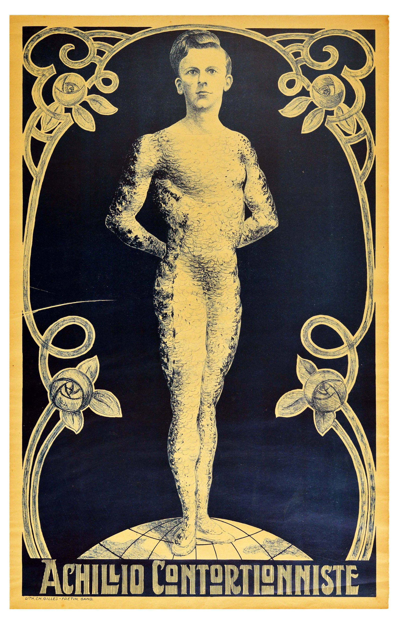 Advertising Poster Achillio de Pauw Circus: Original vintage advertising poster promoting Belgian circus performer Achillio De Pauw - titled Achillio Contortionniste. The image shows Achillio De Pauw standing on a globe with his hands behind hi
