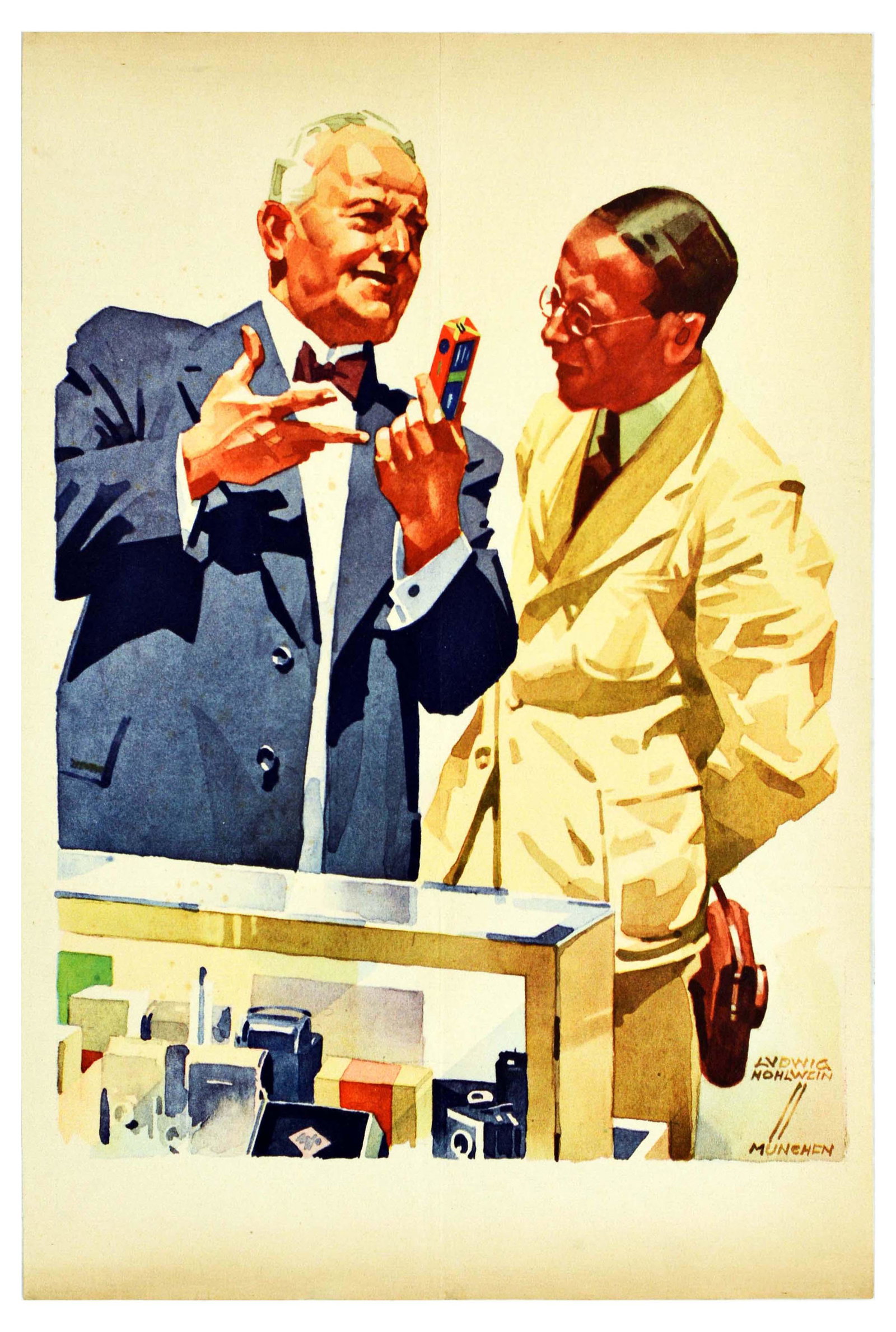 Advertising Poster Agfa Photography Hohlwein Film: Original vintage advertising poster featuring artwork by the notable German poster artist Ludwig Hohlwein (1874-1949) depicting a camera shop seller in a blue suit, white shirt and red bow tie adverti