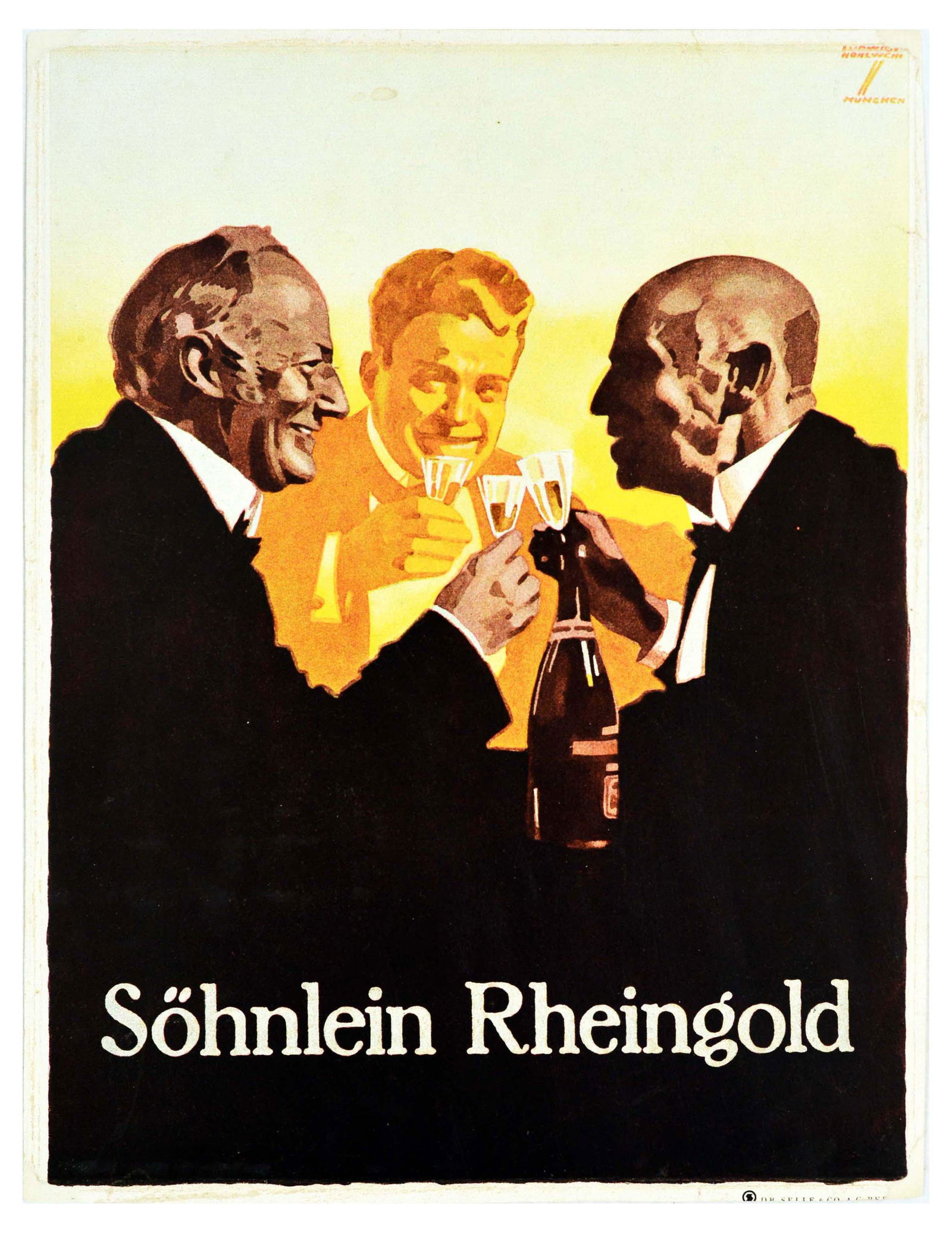 Advertising Poster Riesling Wine Champagne Hohlwein: Original vintage advertising poster featuring artwork by the notable German poster artist Ludwig Hohlwein (1874-1949) depicting three men dressed in black tuxedos lifting their glasses of Sohnlein Rhe