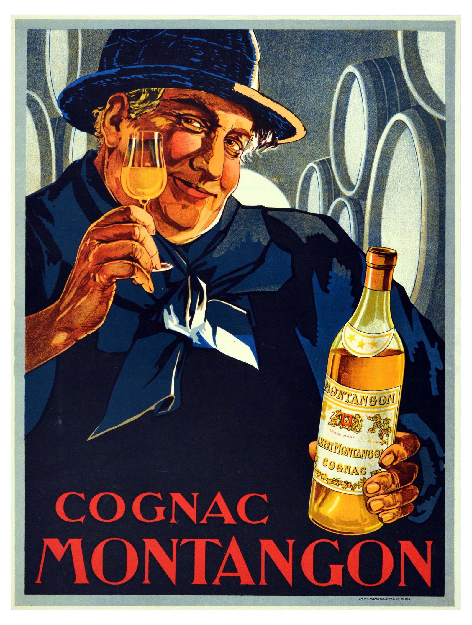 Advertising Poster Cognac Montangon Alcohol France: Original antique alcohol drink advertising poster for Cognac Montangon featuring a smiling man looking at the viewer and holding up a glass and a bottle of cognac with wooden cognac barrels in the bac