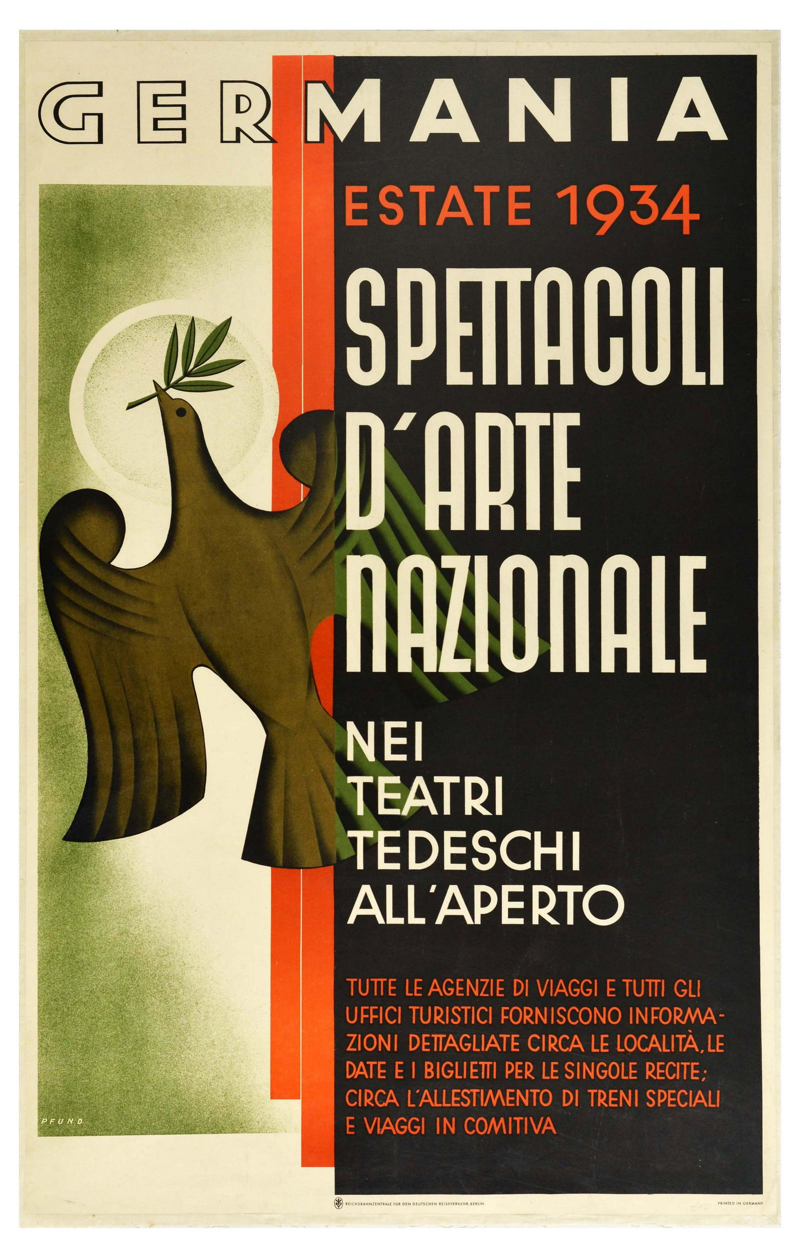 Advertising Poster Germany Art Performances Art Deco: Original vintage poster advertising German Summer 1934 National Art Performances that took place in Germany Open-Air Theaters / Germania Estate 1934 Spettacoli D'arte Nazionale Nei Teatri Tedeschi All