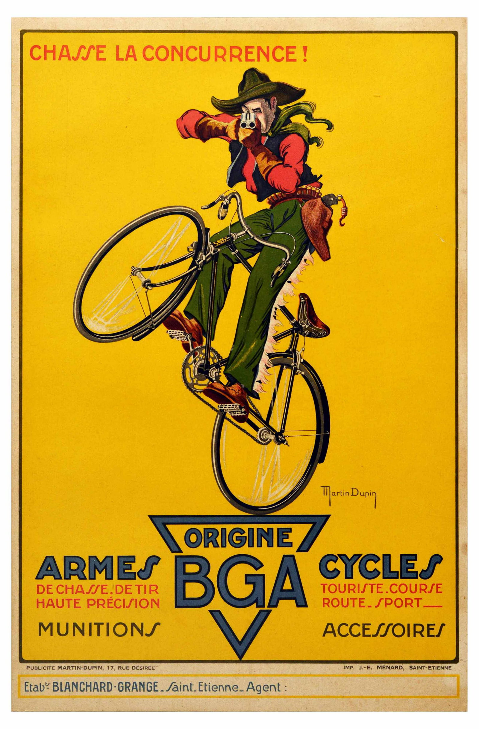 Advertising Poster BGA Cycles and Weapons Bicycle: Original vintage advertising poster for BGA Weapons and Bicycles - Hunt the Competition! The colourful design features a man in a stetson hat, a red Western shirt and waistcoat, and fringed green chap