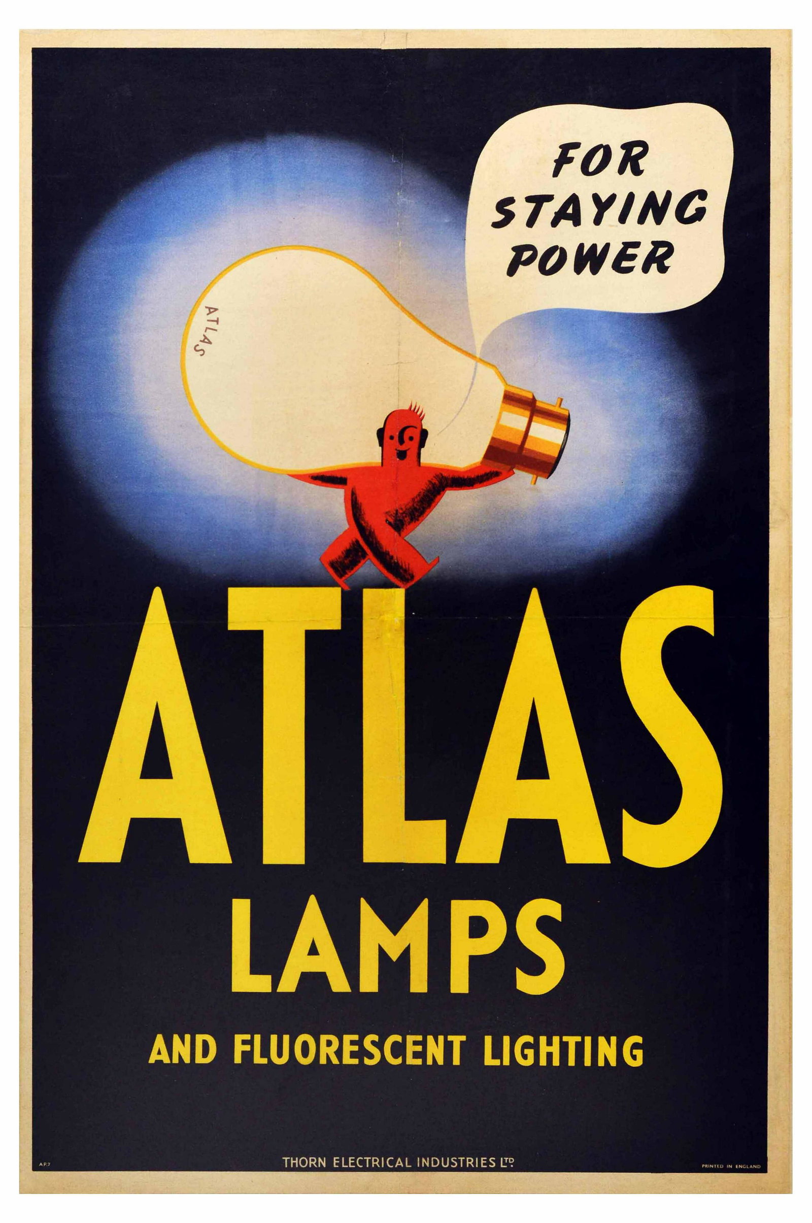 Advertising Poster Atlas Lamps Lighting Art Deco: Original vintage advertising poster for Atlas Lamps and Fluorescent Lighting issued by Thorn Electrical Industries. The poster features an Art Deco design of a red man carrying a massive light bulb on