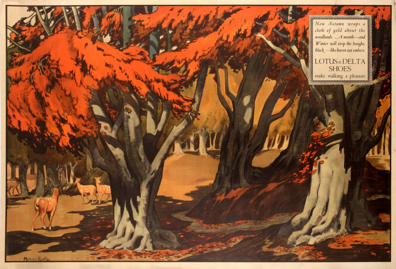 Advertising Poster Lotus Delta Shoes Deer Park: Original vintage advertising poster for Lotus & Delta Shoes "Now Autumn wraps a cloth of gold about the woodlands. A month – and Winter will strip the boughs, black – like burnt-out embers" Lotus 