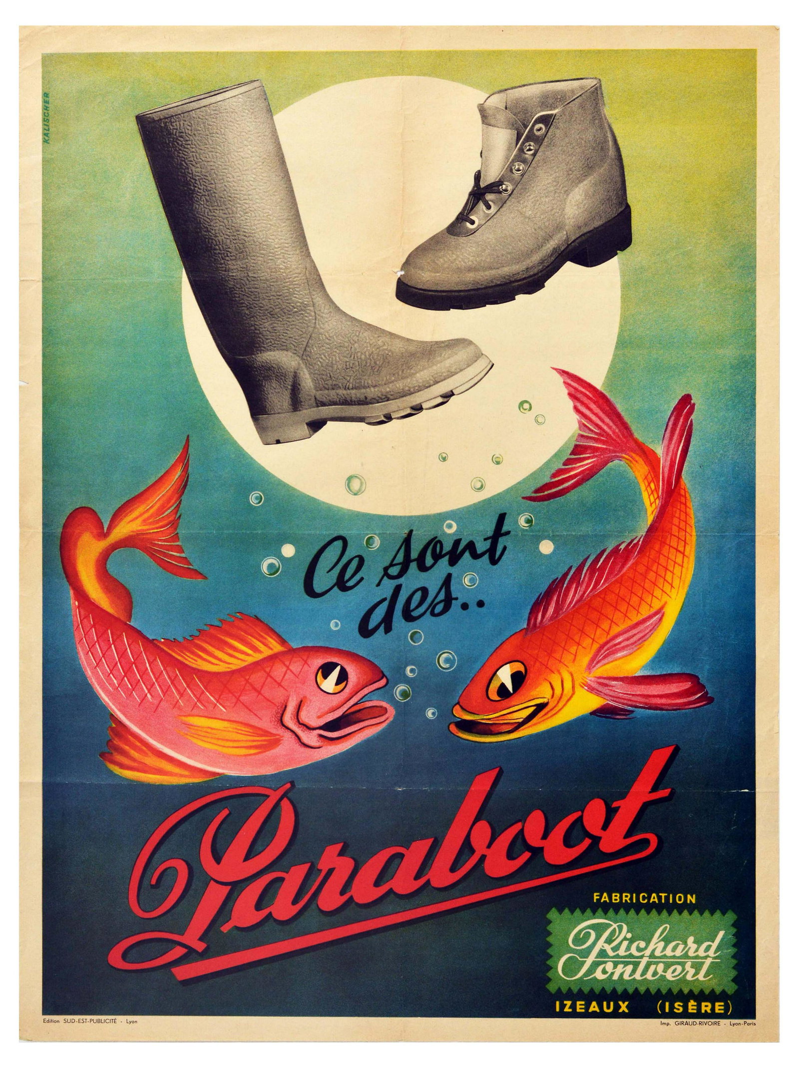 Advertising Poster Paraboot Fish Water Shoes: Original vintage advertising poster for Paraboot - a shoe company owned by the Remy Richard-Pontvert founded in 1908 - Great design features orange and pink fish blowing bubbles and swimming below bla