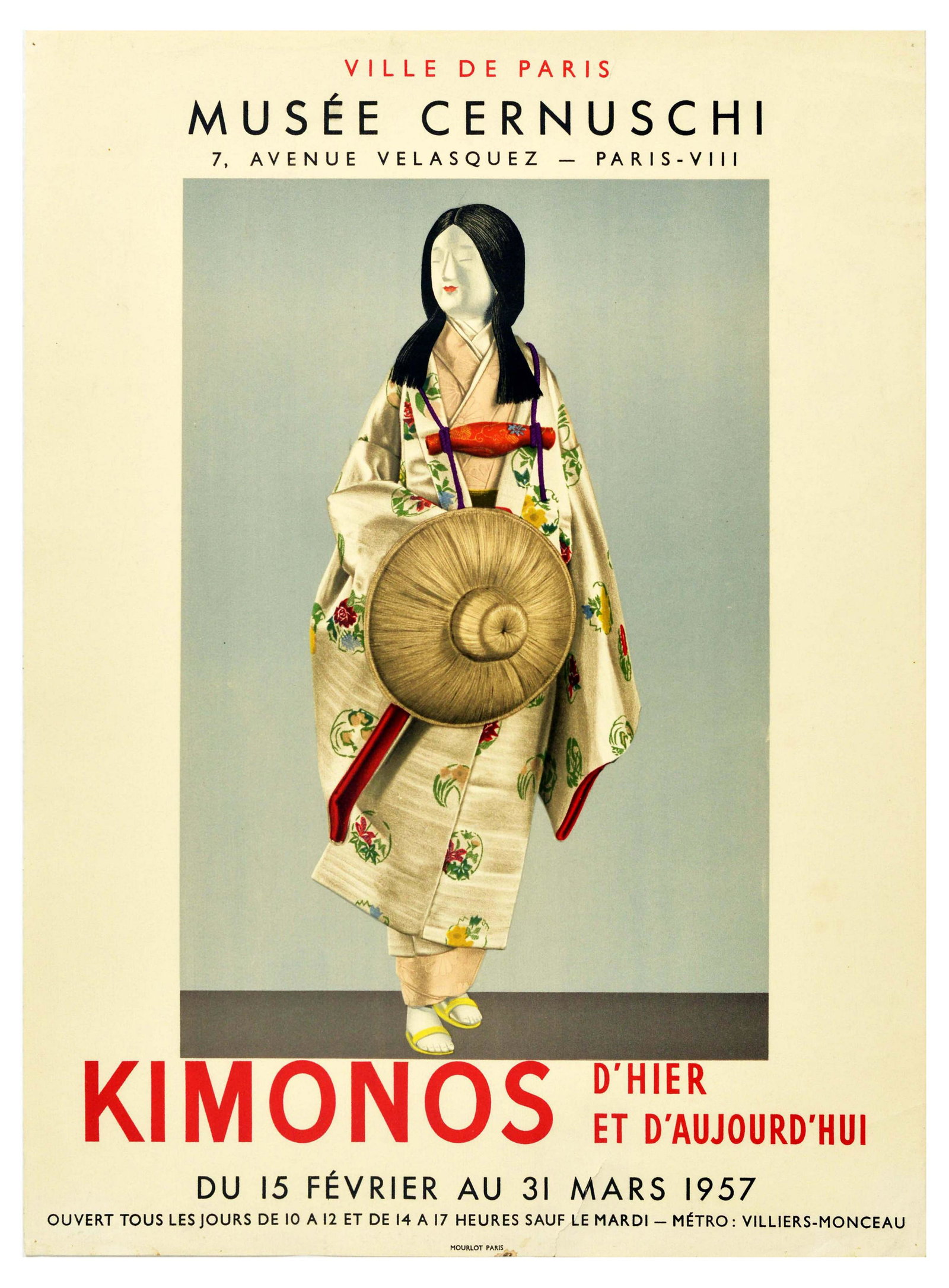 Advertising Poster Kimono Exhibition Japan Museum: Original vintage event poster advertising an exhibition at Musee Cernuschi in Paris titled Kimonos of Today and Yesterday - 15 February to 31 March 1957. The image shows a model with black hair wearin