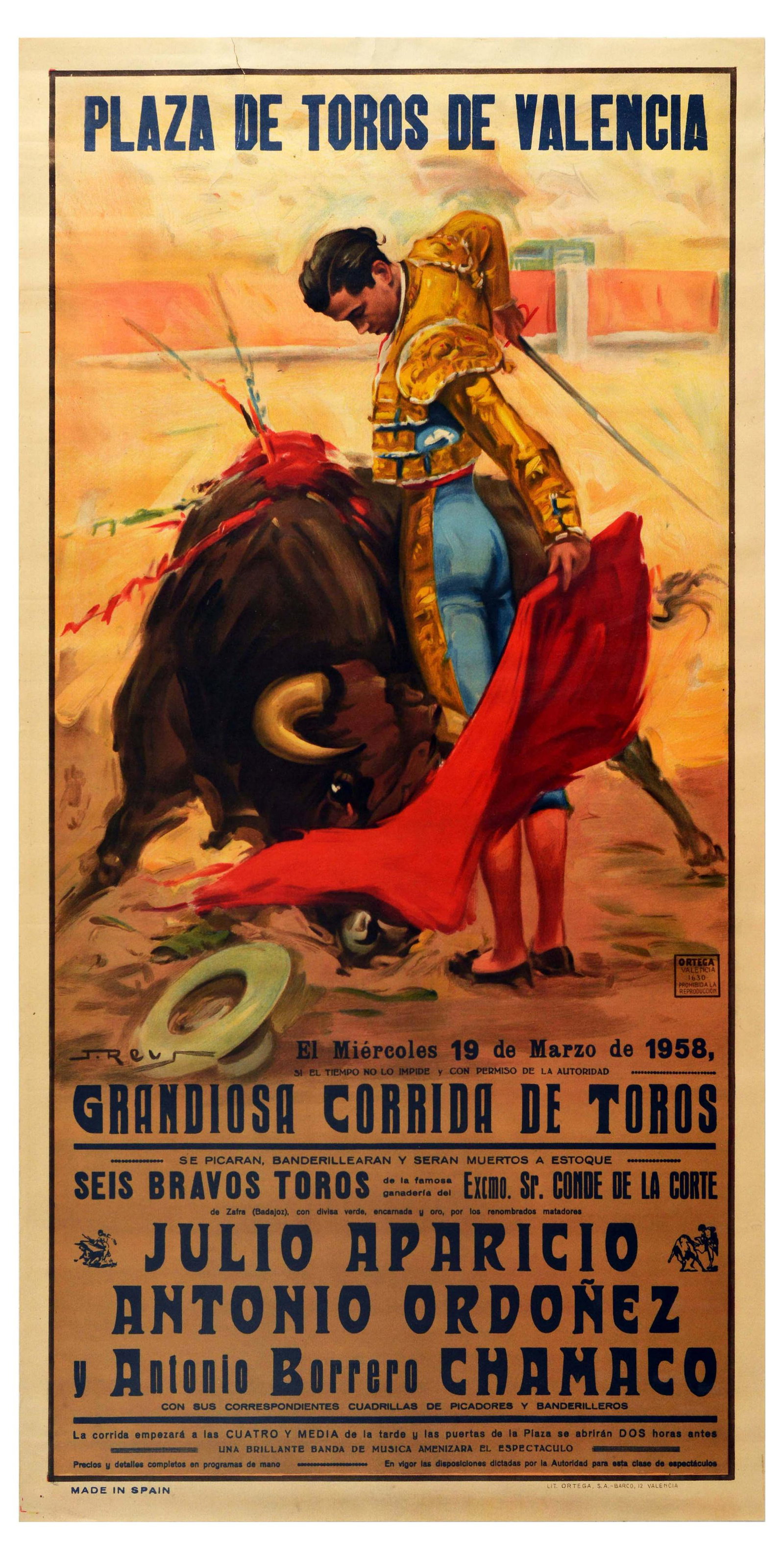 Advertising Poster Plaza de Toros Valencia Bullring: Original vintage advertising poster titled Plaza de Toros de Valencia - Valencia Bullring. The dramatic artwork by J Revs shows a matador bullfighter in gold and blue trousers and jacket holding a mul