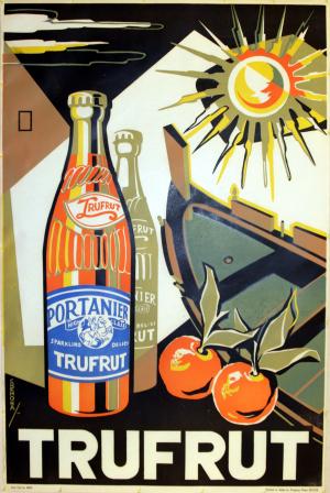 Advertising Poster Trufrut Emvin Cremona Malta: Rare original vintage advertising poster for a fruit based soft drink from Malta, manufactured by Portanier. Bright bold colours featuring a bottle of the drink with fruit, a boat and sun in the backg
