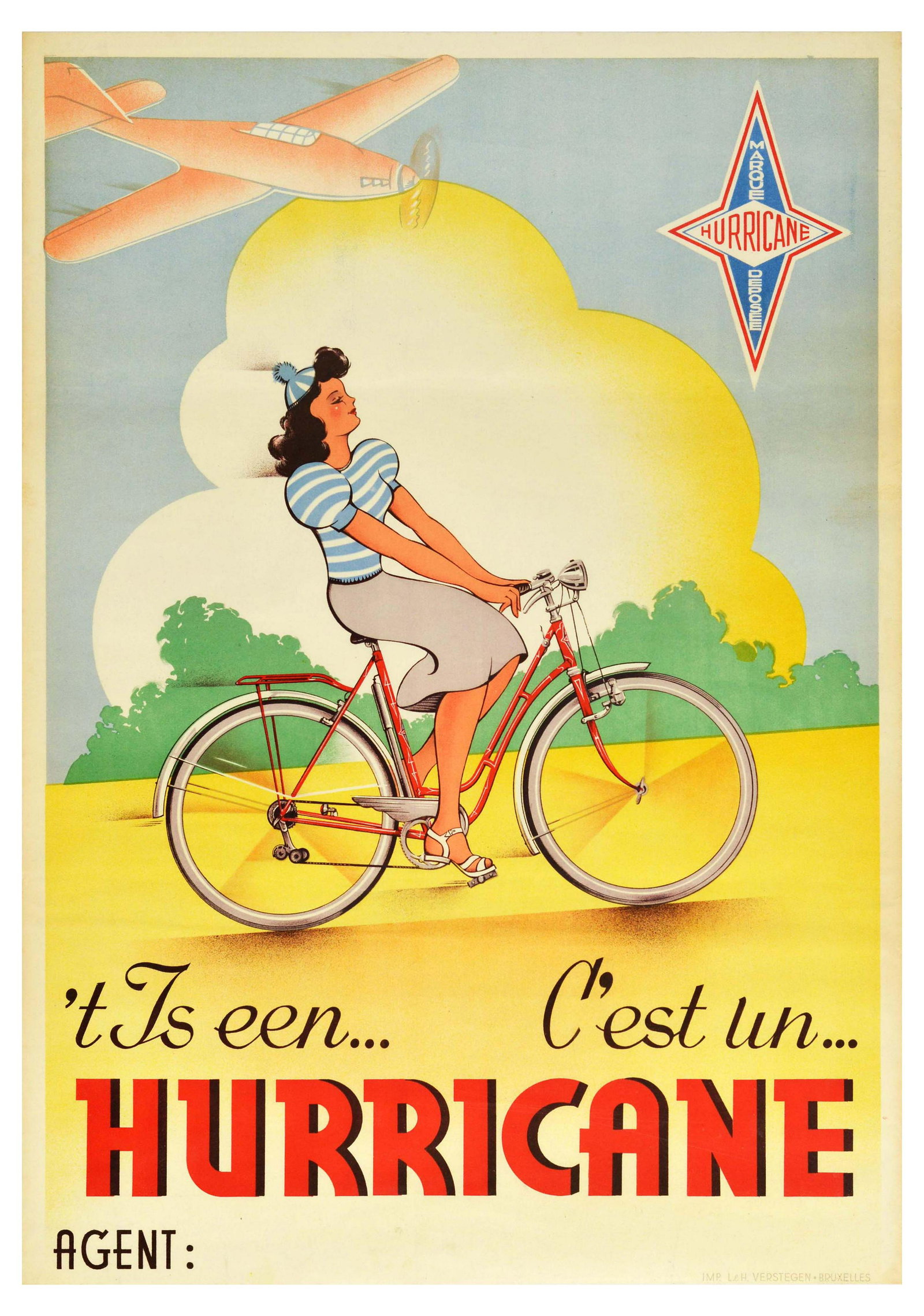 Advertising Poster Hurricane Plane Bicycle: Original vintage advertising poster for Hurricane bicycles. Text reads: ‘t Js een… C’est un...Hurricane / It’s a...hurricane. A colourful image shows a woman with curly black hair in a blue an