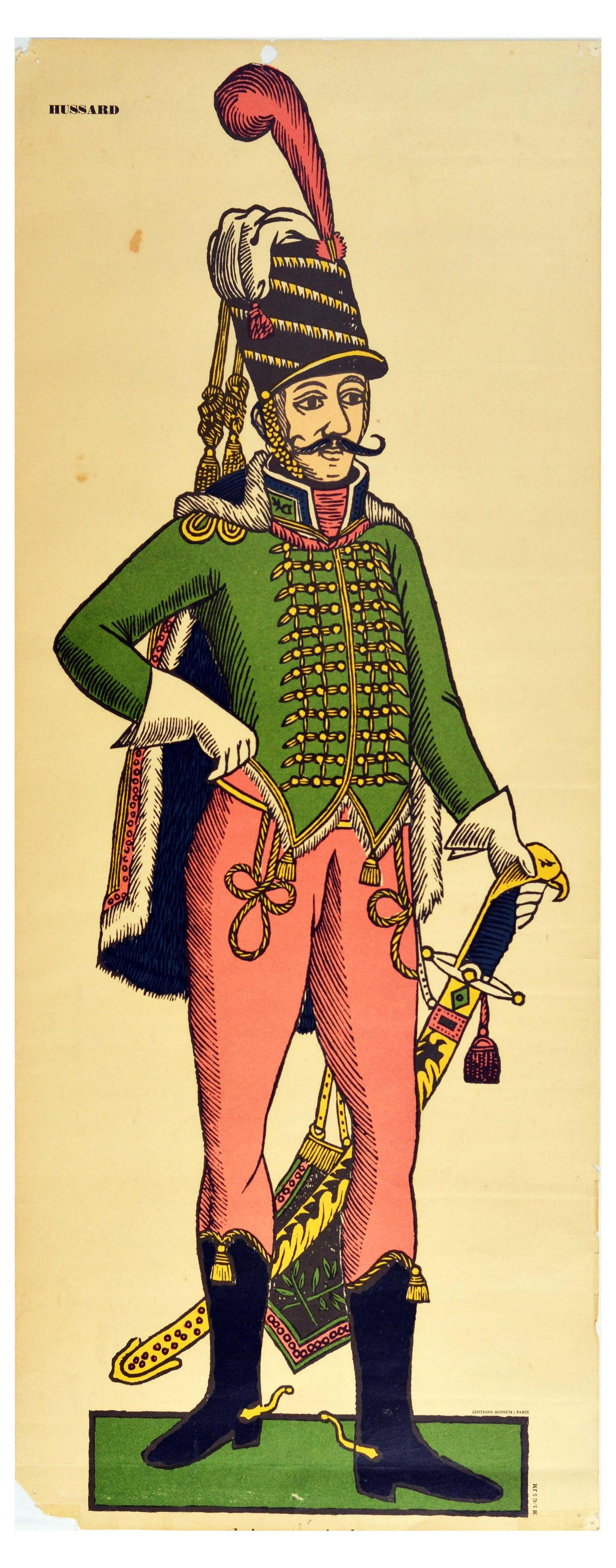 Advertising Poster Hussar Baume Algipan French Army: Original vintage advertising poster from a series of French Army uniforms issued to promote muscle pain relieving balm with a muscle relaxant mephenesin - Baume Algipan. The poster features a colourfu
