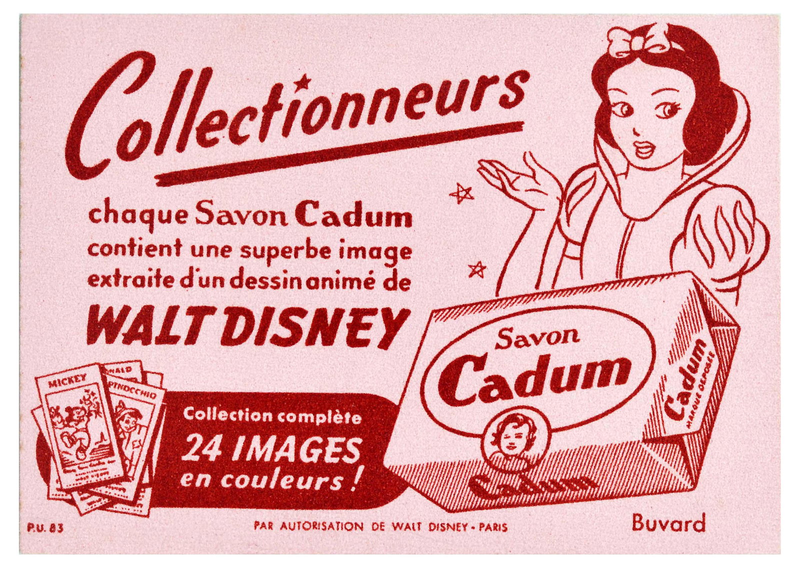Advertising Poster Savon Cadum Walt Disney Snow White: Original vintage advertising poster / blotter for Cadum Soap, promoting special edition collector’s soaps which contained cards of Disney characters. Text reads: Collectors - Each Cadum Soap contain