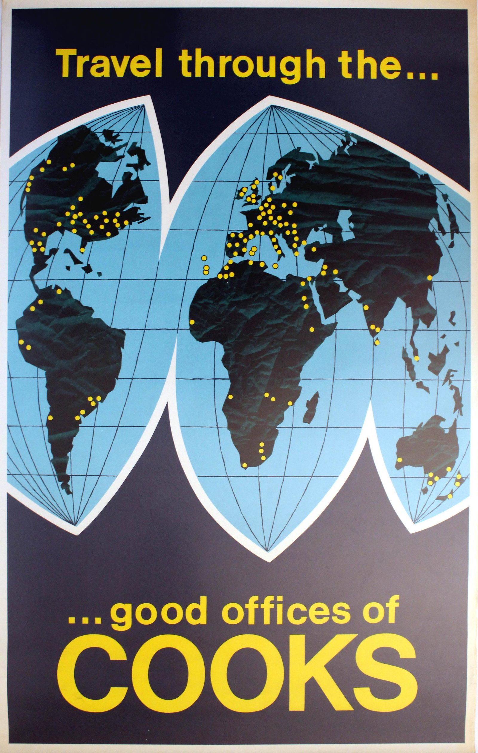 Advertising Poster Cooks Midcentury Travel Good: Original vintage advertising poster for the travel agency, Cooks "Travel through the good offices of Cooks" featuring a mid-century modern design showing the hemispheres on a map of the world with the