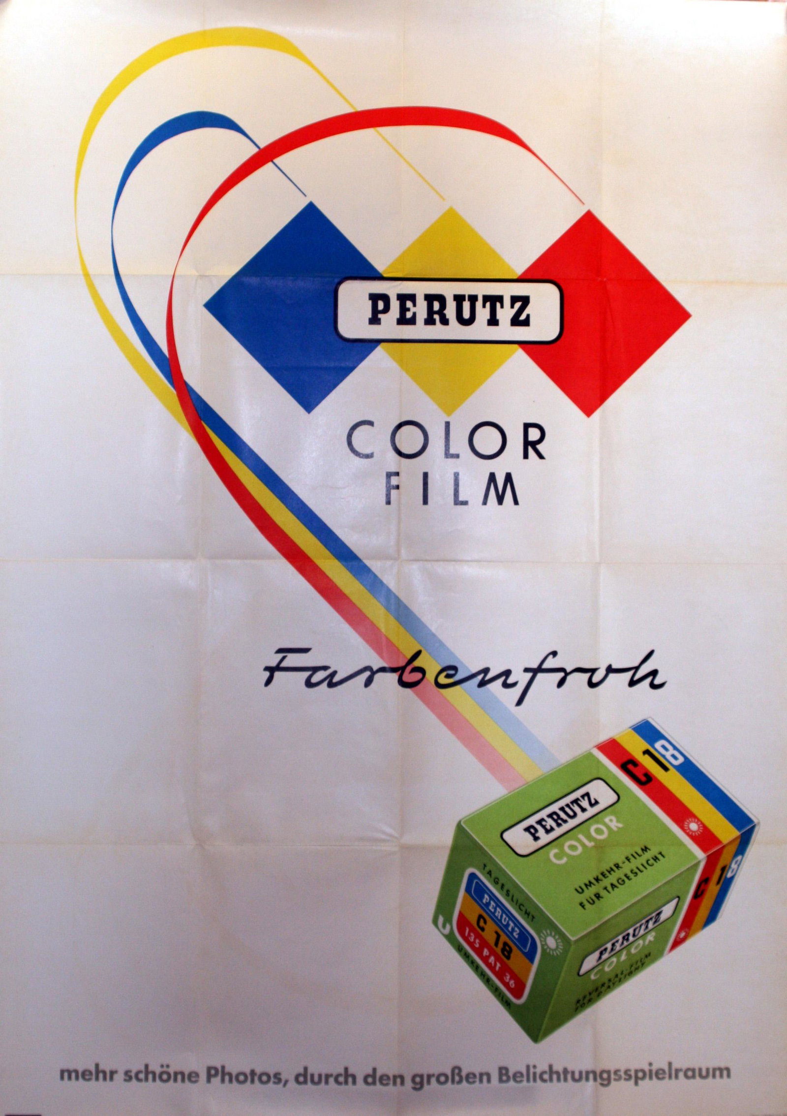 Advertising Poster Perutz Colour Film Agfa Gevaert: Original vintage advertising poster for Perutz colour film for better photos. Image of blue, yellow and red squares curving down to a camera photography film box. Perutz Color Film - farbenfroh - mehr