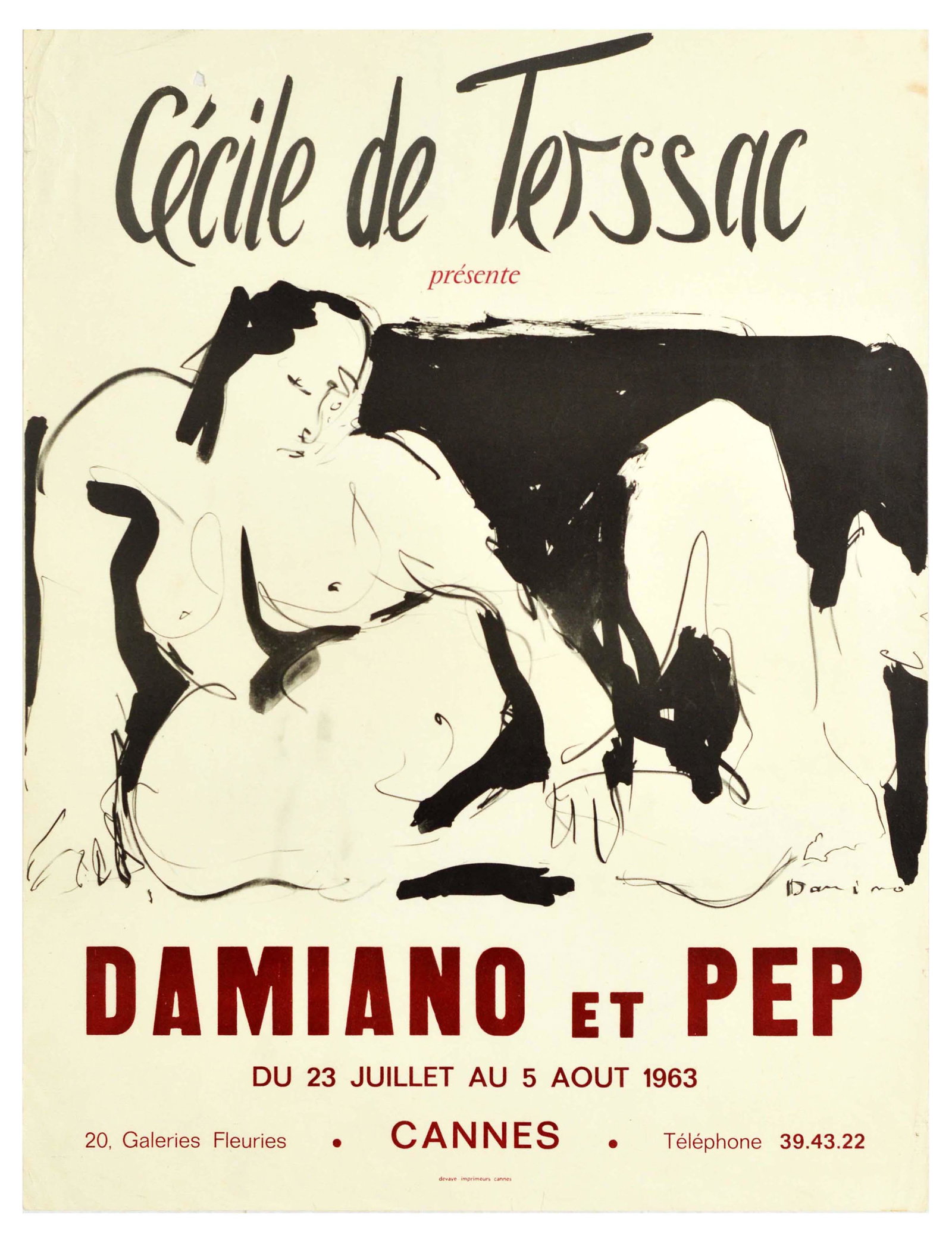 Advertising Poster Damiano et Pep Cannes France: Original vintage advertising poster for an exhibition at Galerie Cecile de Terssac, 20 Galeries Fleuries in Cannes France. Cecile de Terssac presente Damiano et Pep du 23 Juillet au 5 Aout 1963 / Ceci