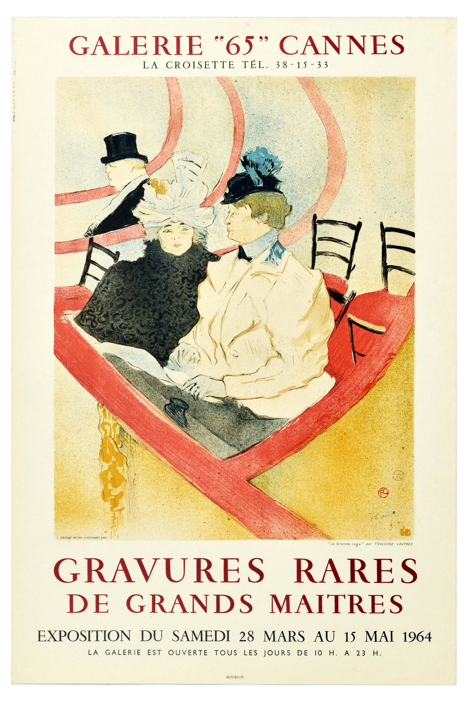 Advertising Poster Toulouse Lautrec Rare Gravures: Original vintage event poster for an exhibition of the Grand Masters’ rare photogravures held at Galerie 65 in Cannes from Saturday 28 March to 15 May 1964. Printed by Mourlot. The poster features H