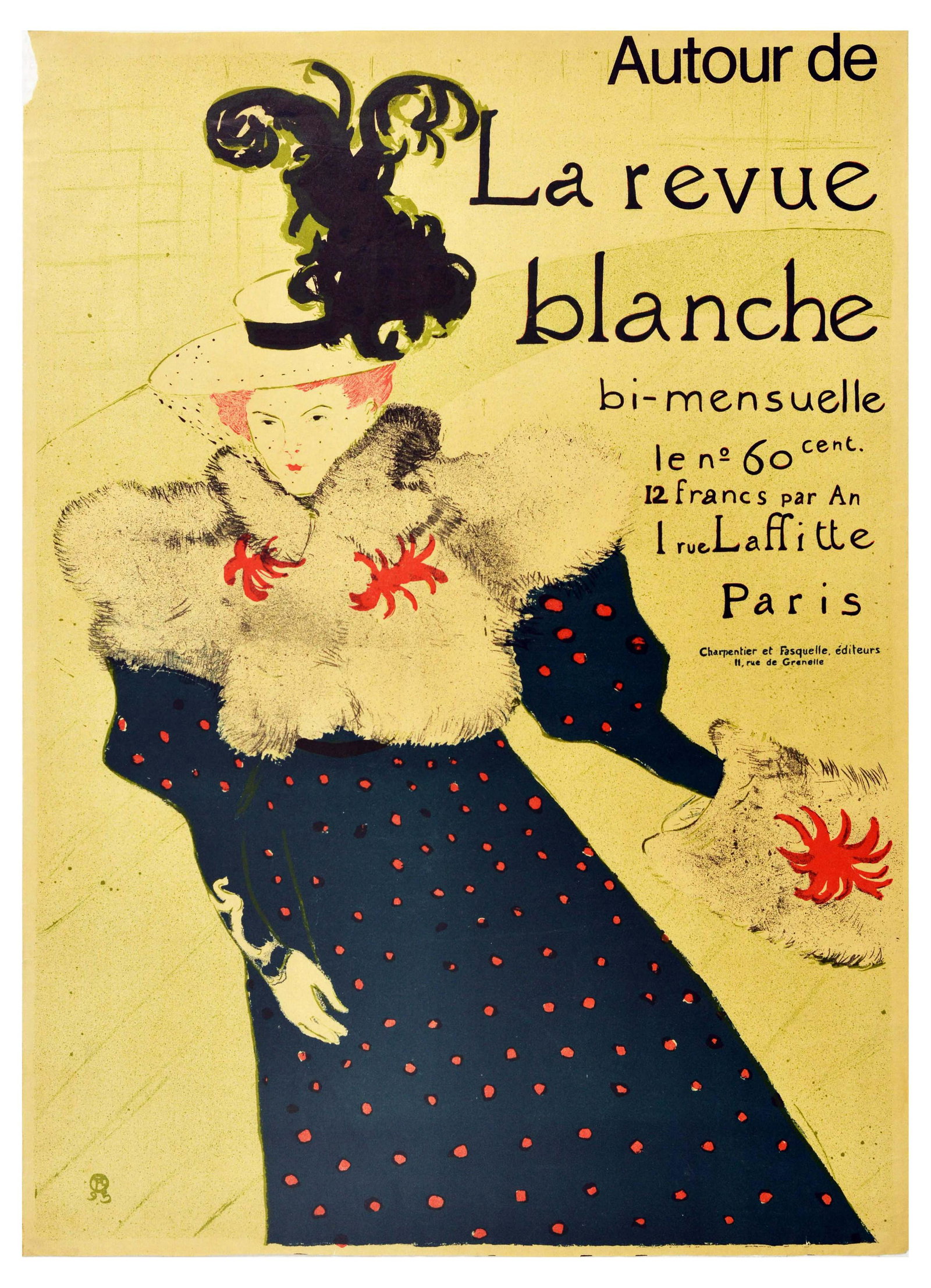 Advertising Poster Toulouse Lautrec Galerie Maeght Lady: Original vintage advertising poster for an Henri de Toulouse-Lautrec exhibition at Galerie Maeght in 1966. The poster is Toulouse-Lautrec’s 1895 lithograph La Revue Blanche with the addition of the 