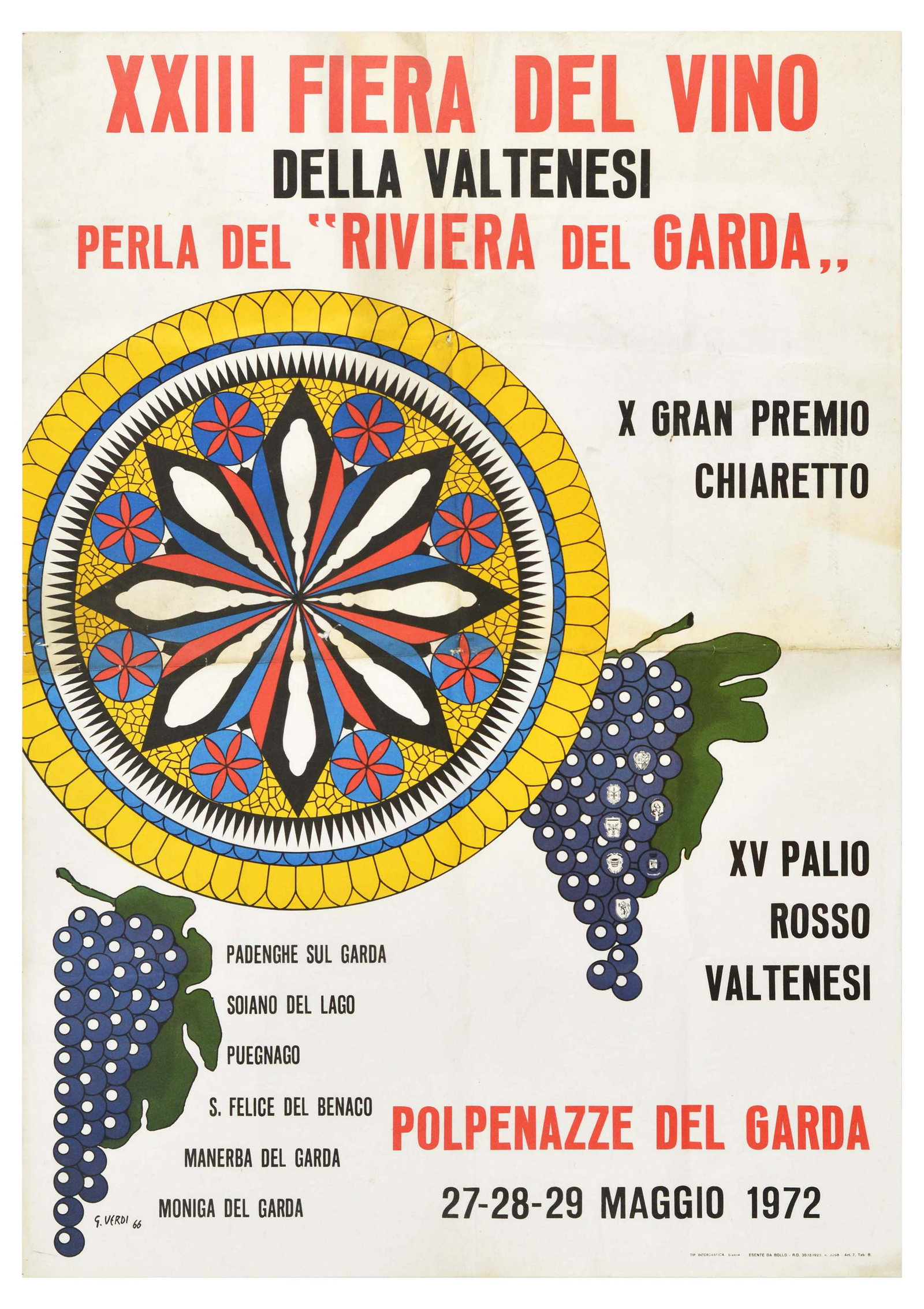 Advertising Poster Wine Festival Valtenesi Italy: Original vintage advertising poster for the XXIII Fiera del Vino della Valtenesi - XXIII Valtenesi Wine Festival held 27-28-29 May 1972. The colourful poster by G Verdi features a yellow, blue and red