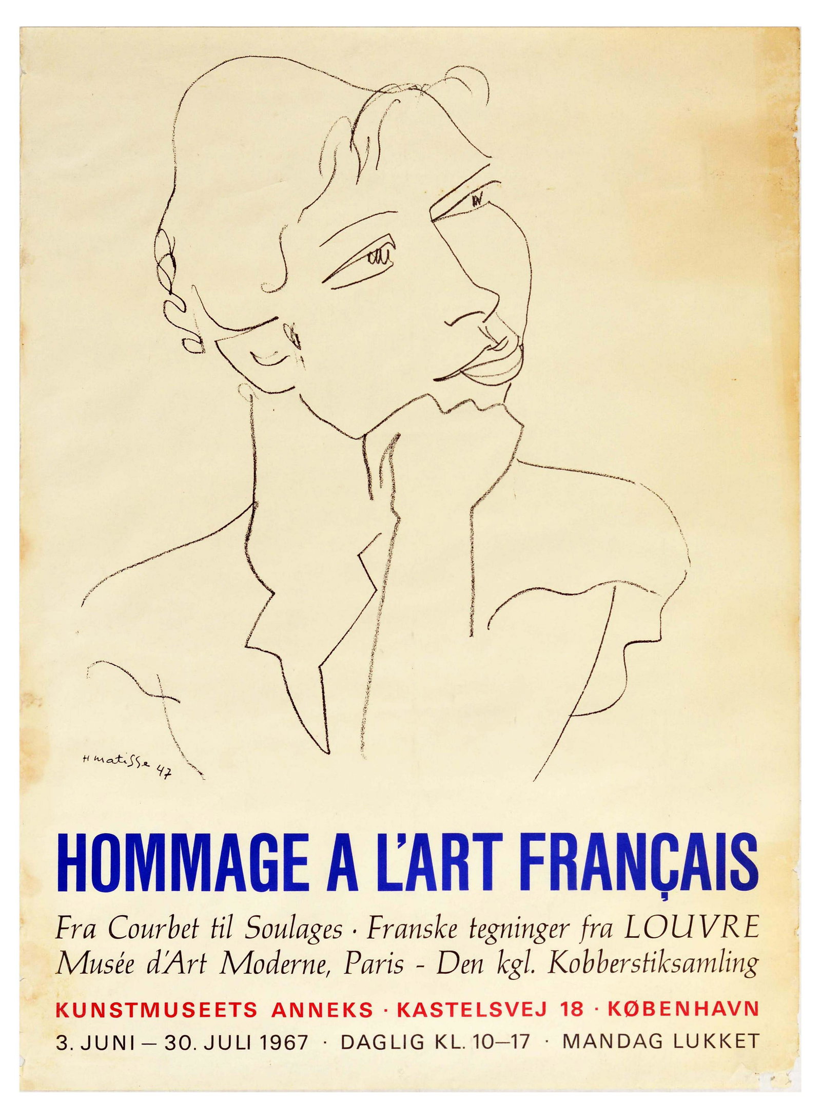 Advertising Poster Matisse French Art Hommage Courbet: Original vintage advertising poster for an exhibition of French artwork in Copenhagen - Hommage to French Art. From Courbet to Soulages. French drawings from the Louvre Museum of Modern Art, Paris. Th