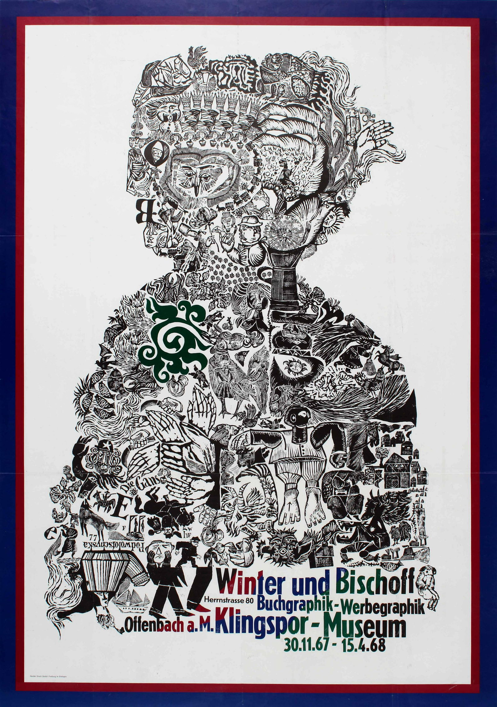 Advertising Poster Winter Bischoff Graphics Klingspor: Original vintage advertising poster for an exhibition presenting the work of the graphic artist and book designer Klaus Winter and Helmut Bischoff held from 30 November 1967 to 15 April 1968 at the Kl
