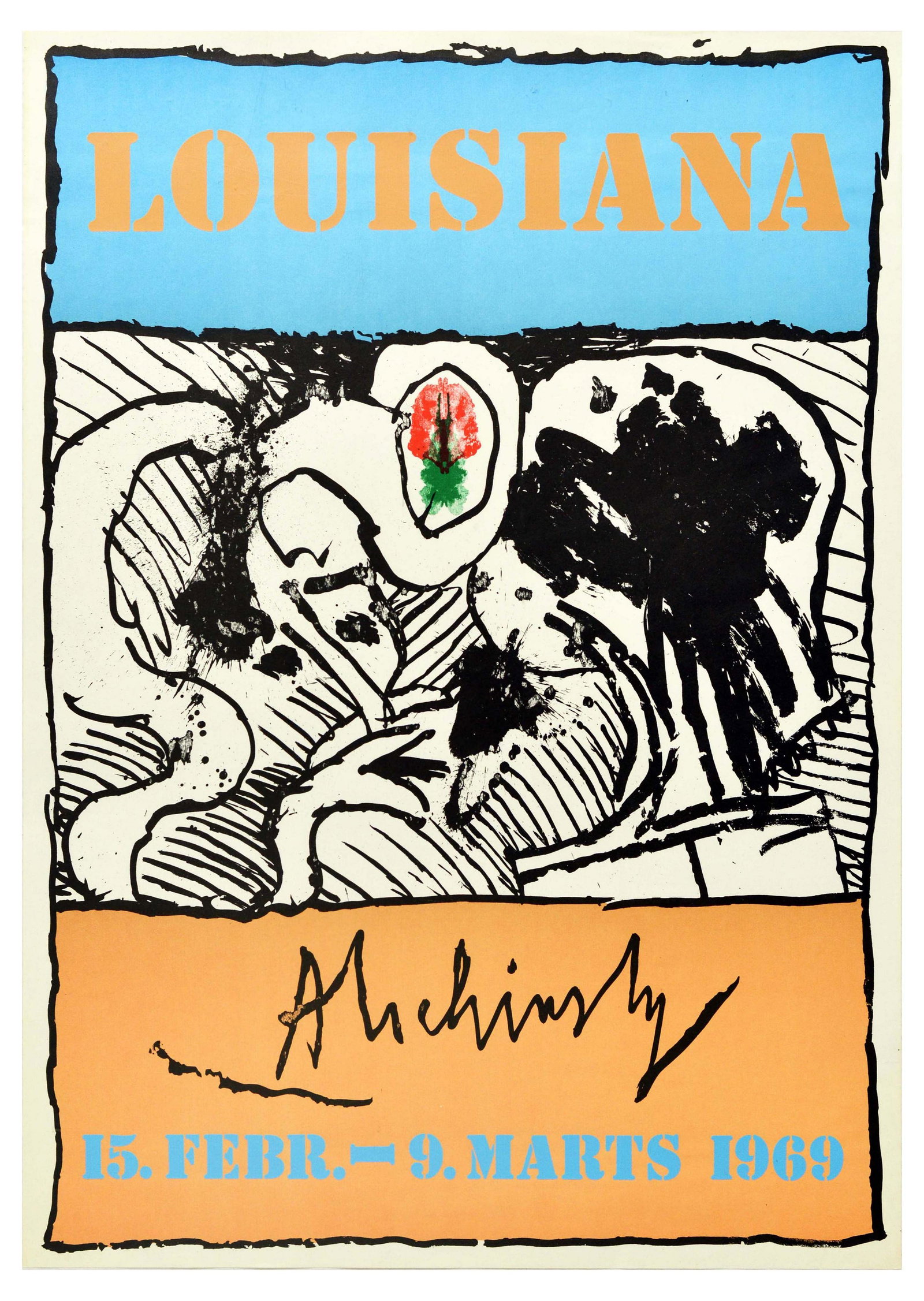 Advertising Poster Pierre Alechinsky Artwork Exhibition: Original vintage advertising poster for Pierre Alechinsky artwork exhibition, held in Louisiana from February 15 to March 9, 1969. The poster features work by a Belgian artist Pierre Alechinsky (b. 19