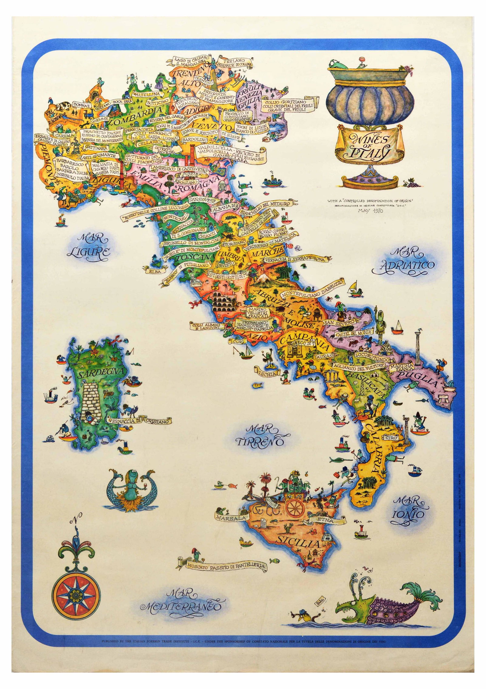 Advertising Poster Wines of Italy Map: Original vintage poster with an illustrated map: Wines of Italy - With a “Controlled Denomination of Origin” Denominazione di Origine Controllata “D.O.C” May 1970. The map is divided i