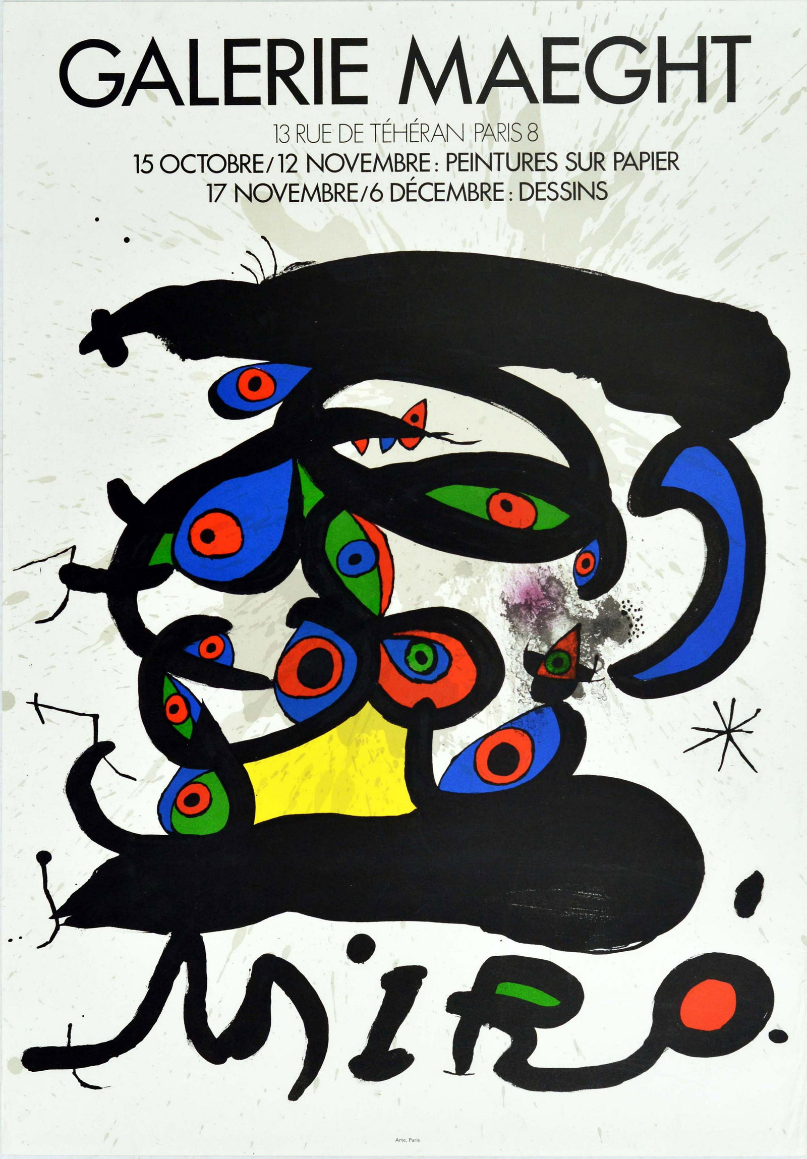 Advertising Poster Galerie Maeght Joan Miro Spain: Original vintage exhibition poster for a Joan Miro exhibition at Galerie Maeght. Text translates to English as: 13 Rue de Theran Paris 8th Arrondissement. 15 October/12 November: Paintings on paper. 1