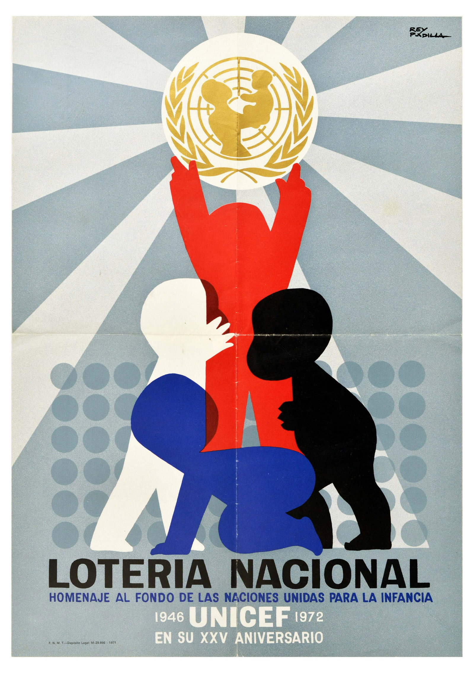 Advertising Poster UNICEF Anniversary National Lottery: Original vintage advertising poster celebrating 25th anniversary of UNICEF. The poster features an image of four children in blue, black, white and red colours holding up an iconic - parent lifting up