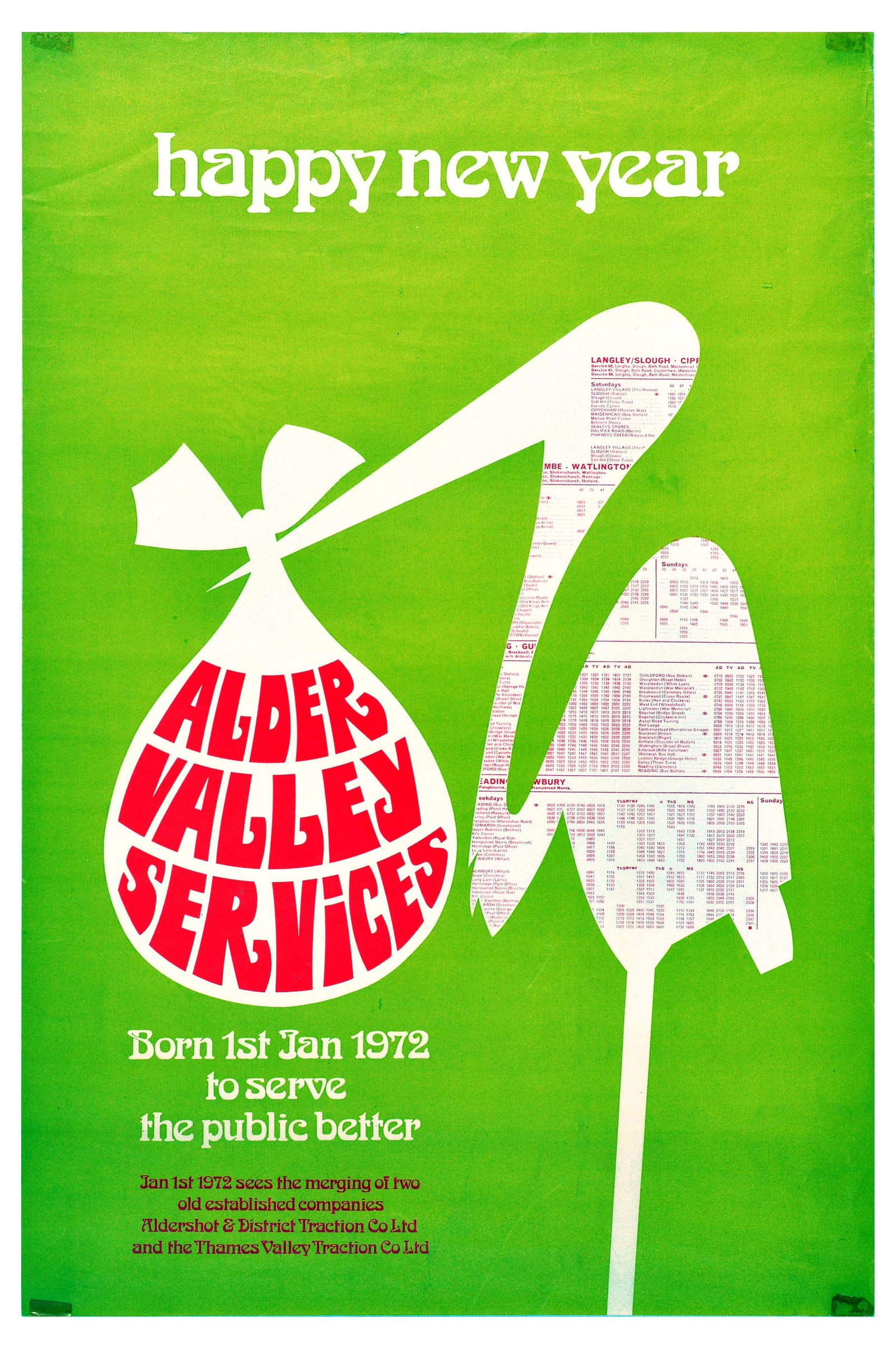 Advertising Poster Alder Valley Services Bus Company: Original vintage advertising poster featuring a bright illustration with an outline of a stork filled with a bus timetable pattern carrying a sling that reads Alder Valley Services. The stylised white