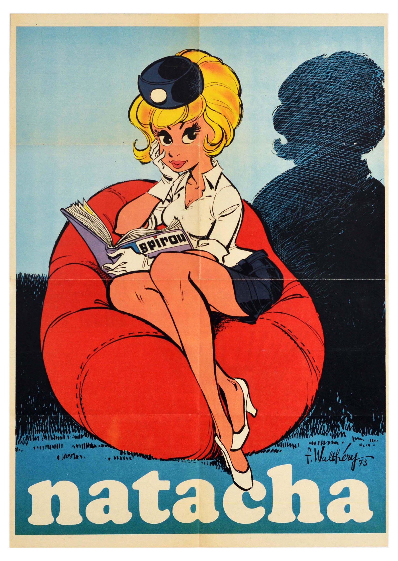 Advertising Poster Natacha Comic Book Francois Walthery: Original vintage advertising poster of a comic book Natacha, created by a Belgian artist Francois Walthery (b.1946). The poster features an illustration of a young blond lady in a flight attendant uni