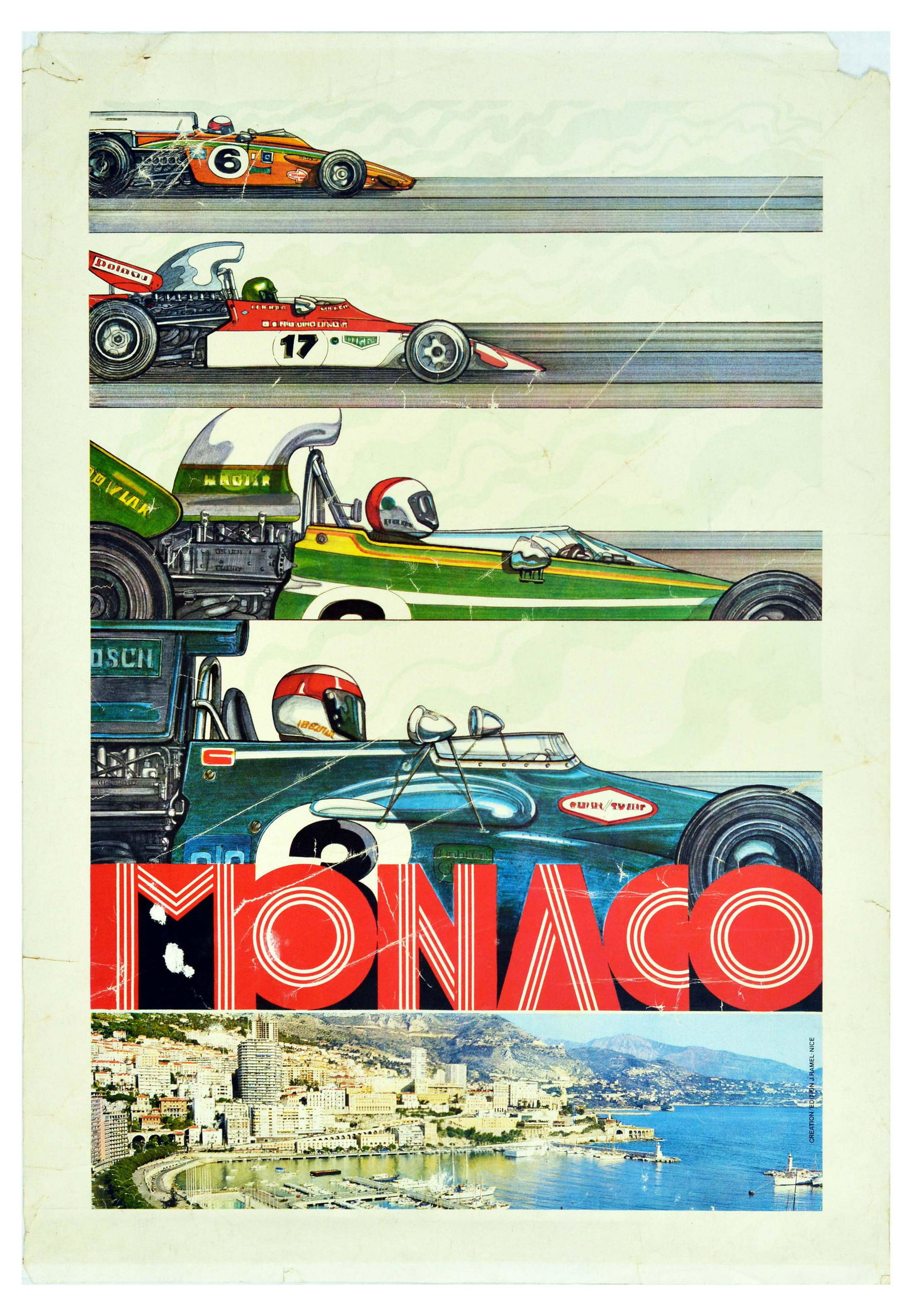 Advertising Poster Monaco Grand Prix Formula One: Original vintage official event poster for the Monaco Grand Prix 1973. Held 3 June 1973, the Formula One motor race was won by Jackie Steward for Tyrell-Ford. The poster is divided horizontally into f