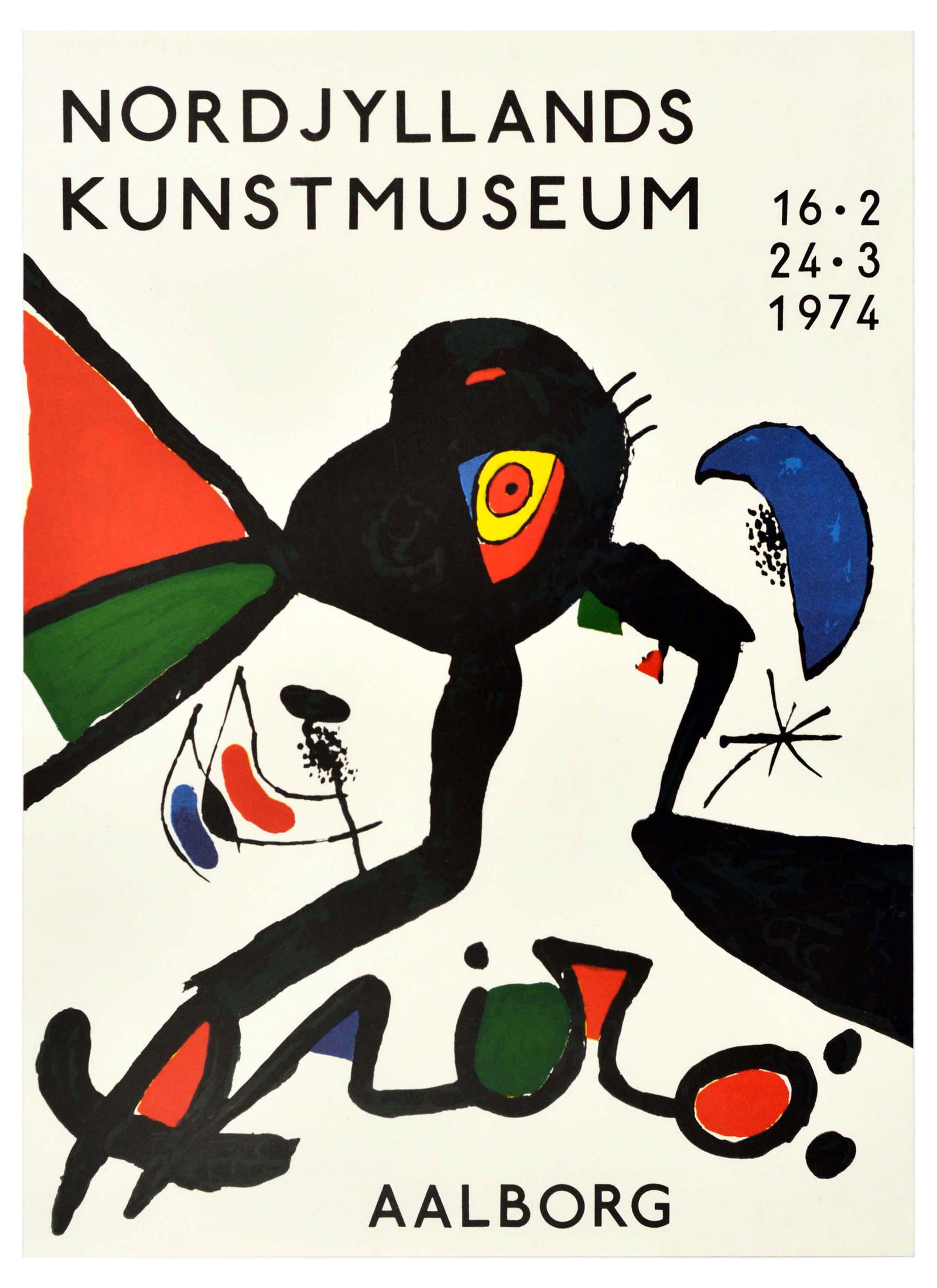 Advertising Poster Aalborg Joan Miro Surrealism Denmark: Original vintage advertising poster for a Joan Miro Exhibition held at Aalborg Denmark, Nordjyllands Kunstmuseum from 16.02.1974 - 24.03.1974. The featured image is a black, green, red, yellow and blu