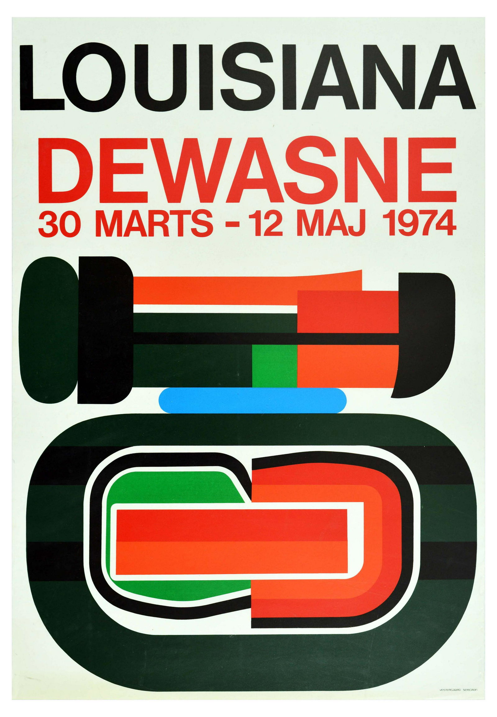 Advertising Poster Jean Dewasne Louisiana Abstract Art: Original vintage advertising poster for a Dewasne exhibition at Louisiana Gallery Copenhagen - 30 March - 12 May 1974. Jean Dewasne (1921-1999) was a French abstract painter and sculptor. The poster s