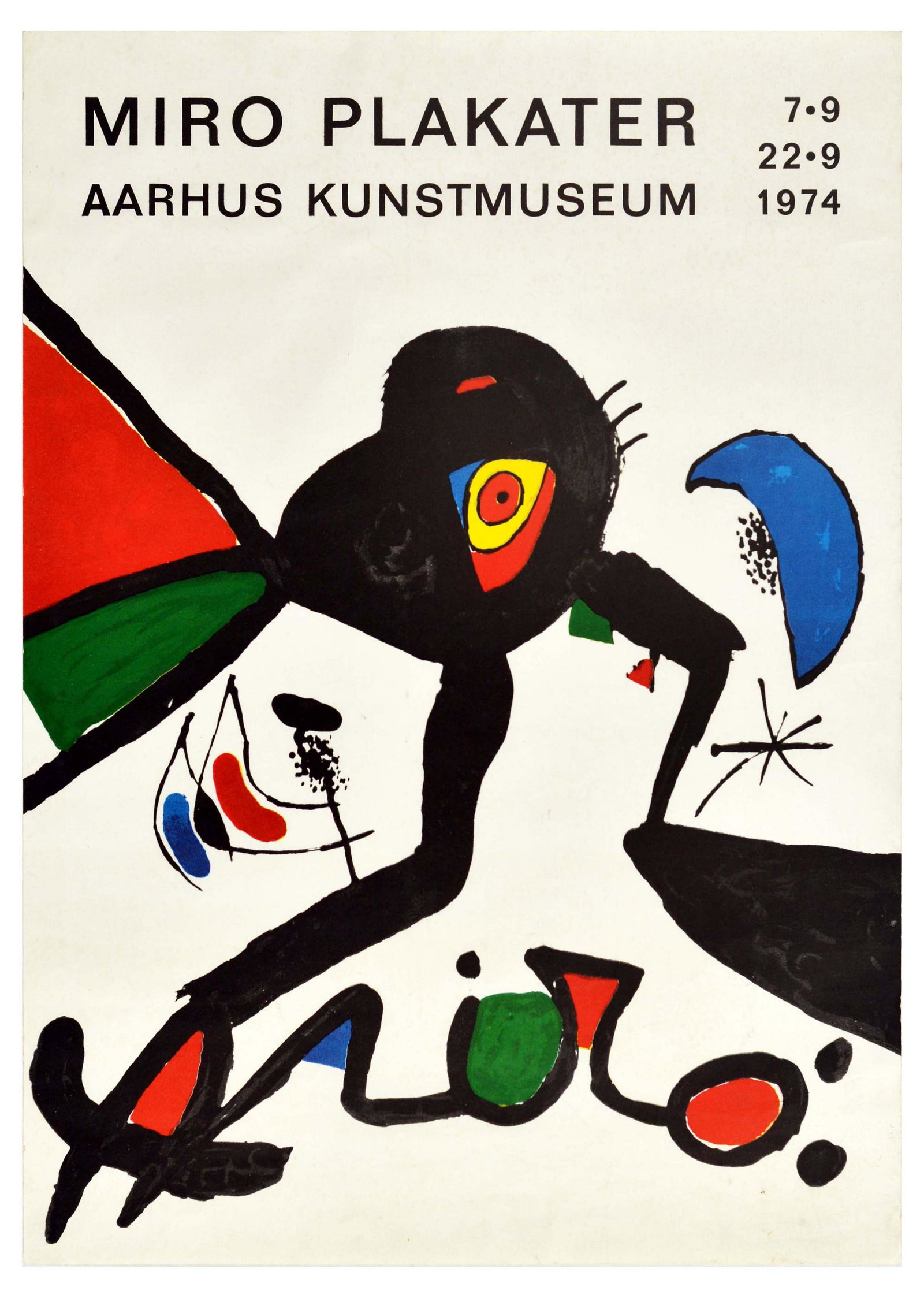 Advertising Poster Joan Miro Art Museum Surrealism: Original vintage advertising poster for an exhibition of artworks by Joan Miro at the Aarhus Art Museum / Aarhus Kunstmuseum that took place between 7-22 September 1974 - Design features colourful abs