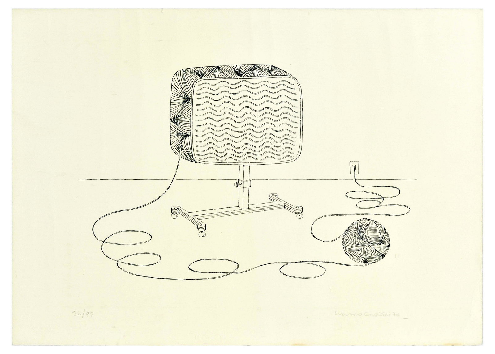 Art Print Poster Television Wool Waves Luciano Consigli: Original vintage edition artist print numbered 92 or of 99 and hand signed by the artist featuring a humorous illustration by Luciano Consigli showing a television set with a wavy pattern on the scree