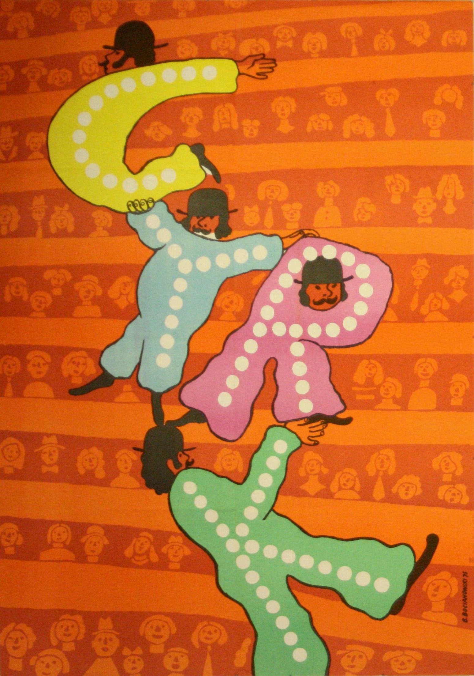 Advertising Poster Cyrk Circus Poland Clowns: Original vintage Polish circus advertising poster - Cyrk. Fun design featuring clowns as letters for the word "Cyrk" (circus) with the orange background of spectators by B Bocianowski. Good condition,