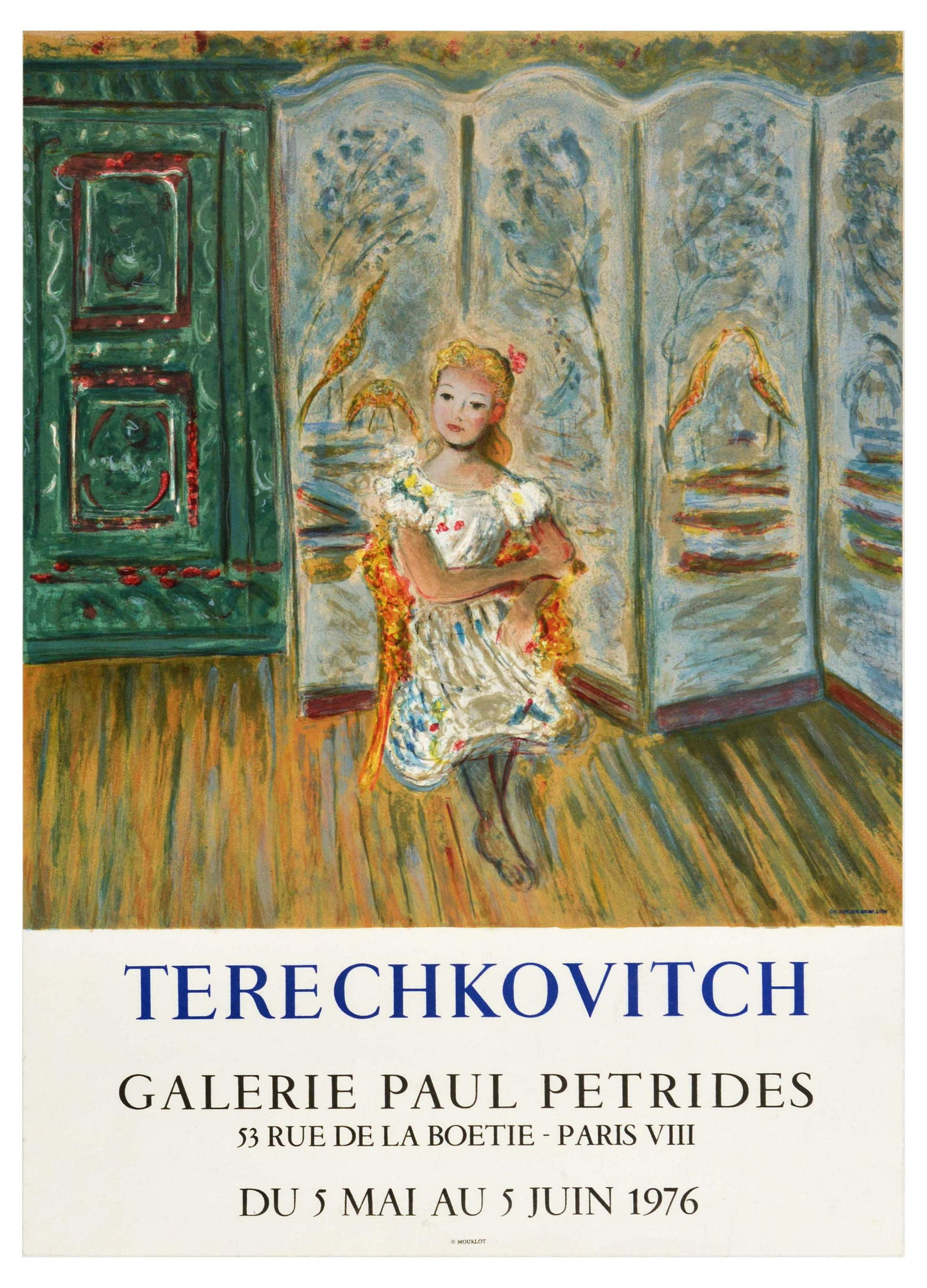 Advertising Poster Terechkovitch Litograph Paris France: Original vintage poster for a Terechkovitch (1902-1978) exhibition at Galerie Paul Petrides 53 rue de la Boetie, Paris VIII arrondissement. From 5 May to 5 June 1976. The poster features Constantin Te