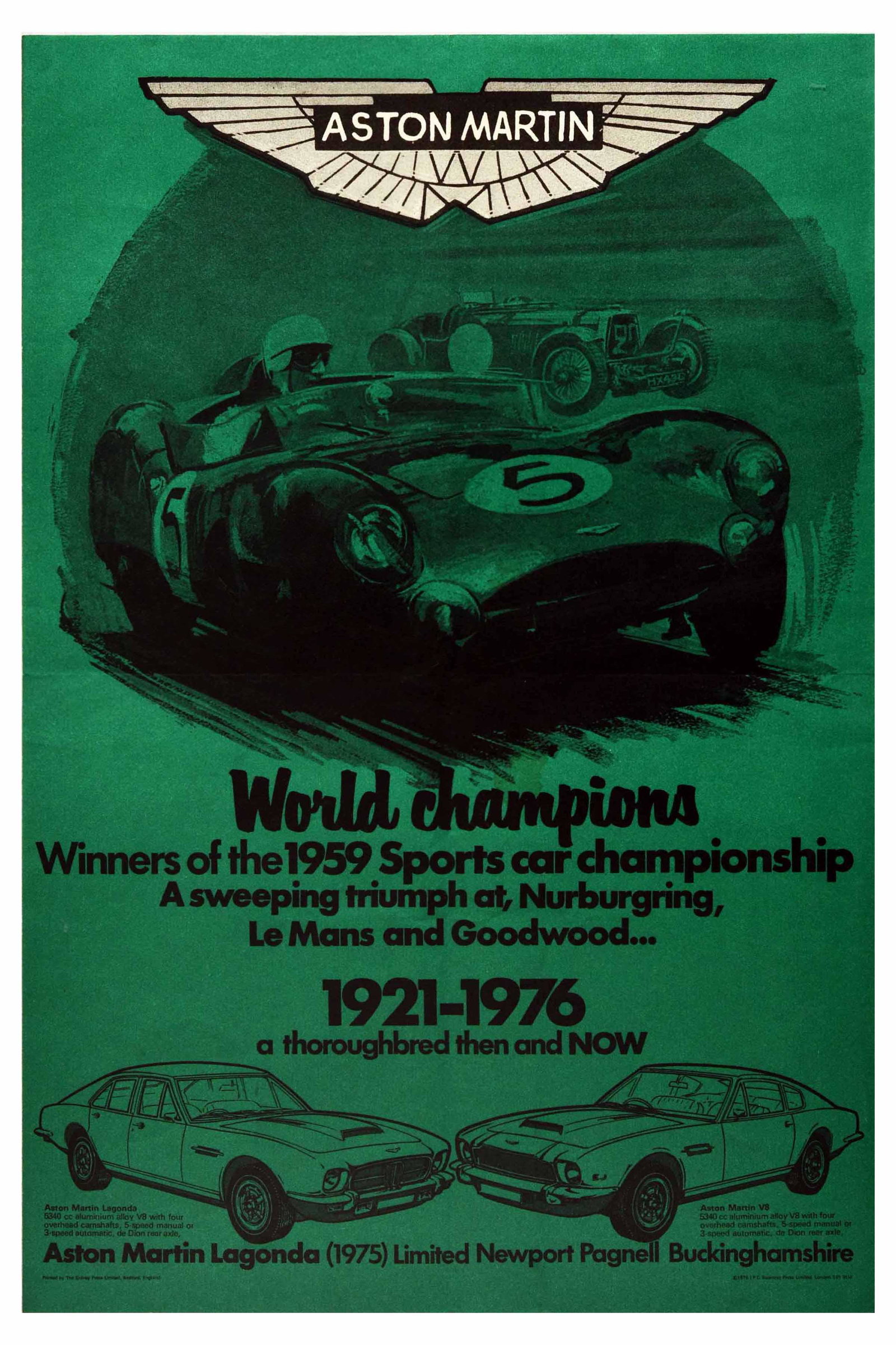 Advertising Poster Aston Martin Le Mans Lagonda: Original vintage car racing advertising poster: Aston Martin World Champions winners of the 1959 sports car championship A sweeping triumph at Le Mans Nurburgring and Goodwood 1921-1976 a thoroughbred