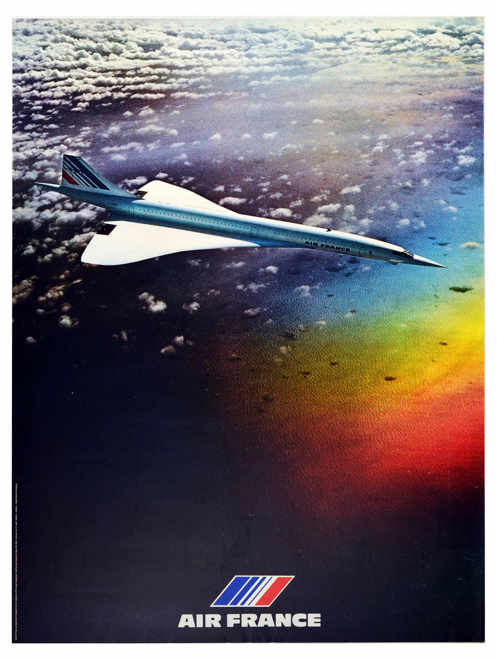 Advertising Poster Air France Concorde Airline Plane: Original vintage advertising poster issued by Air France, promoting Concorde. The image shows Concorde flying above the clouds, with a prism of light casting a rainbow onto the sea below. Concorde was