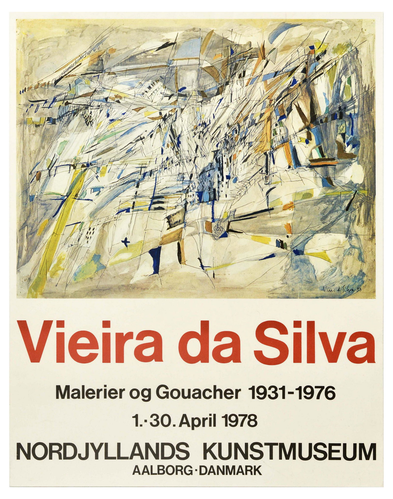 Advertising Poster Vieira de Silva Portugal: Original vintage advertising poster for an exhibition of artwork by Maria Helena Vieira da Silva (13 June 1908 – 6 March 1992) - The show included works from 1931 - 1976 and took place from the 1 - 