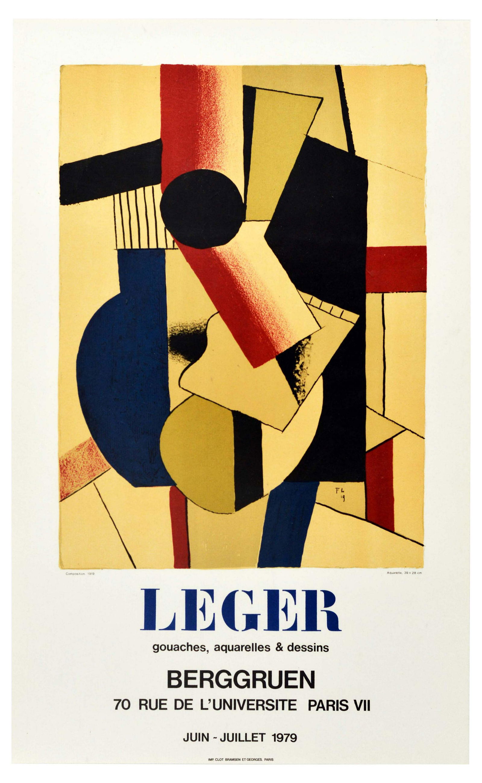 Advertising Poster Leger Berggruen Abstract Geometric: Original vintage advertising poster for an exhibition of Fernand Leger’s paintings and drawings at Berggruen 70 rue de L’Universite Paris VII June - July 1979. The poster features a reproduction o