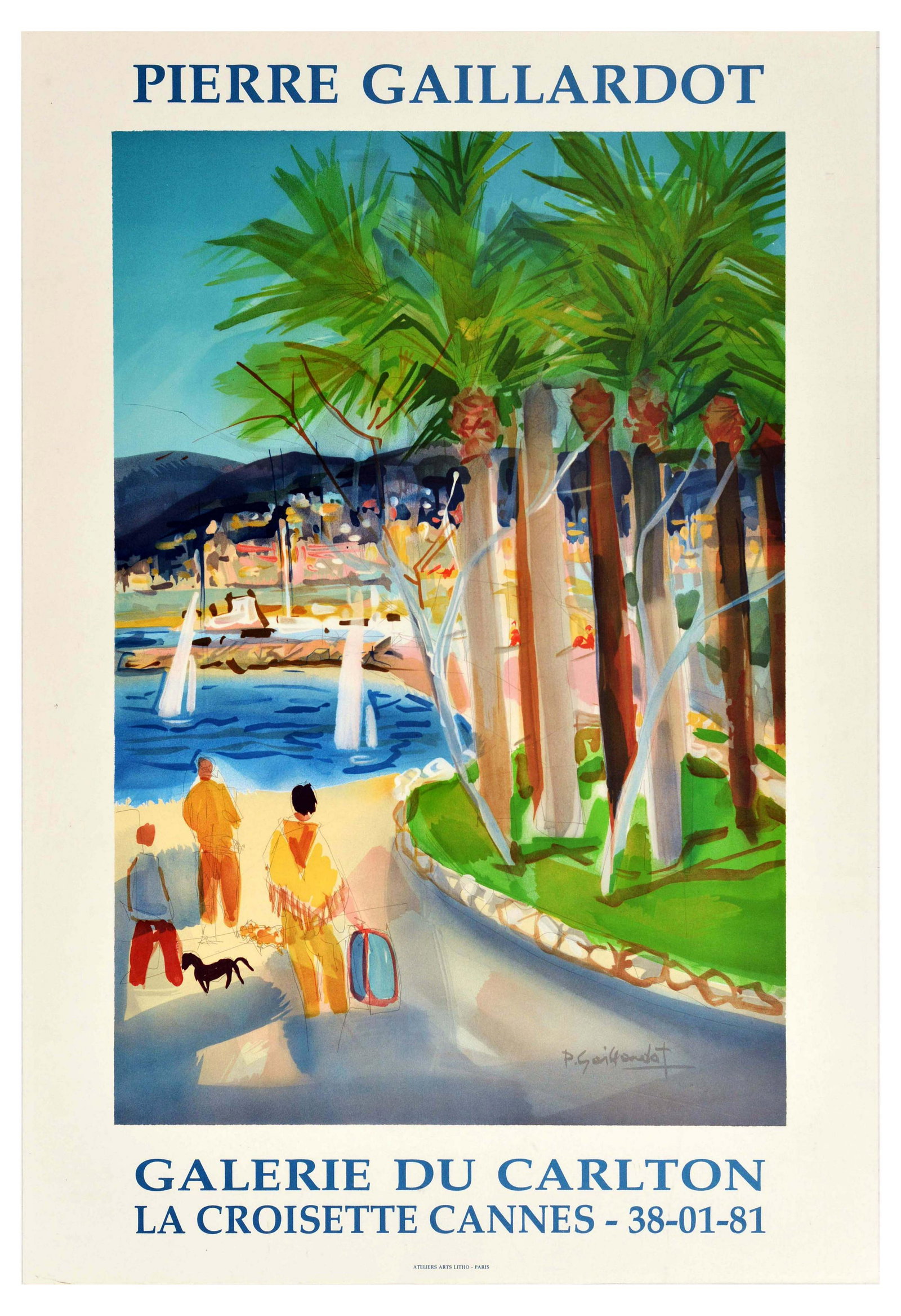 Advertising Poster Cannes France Pierre Gaillardot La: Original vintage advertising poster for an exhibition of artwork by Pierre Gaillardot taking place at Galerie Du Carlton La Croisette Cannes - Great artwork by Pierre Gaillardot (1910-2002) features a